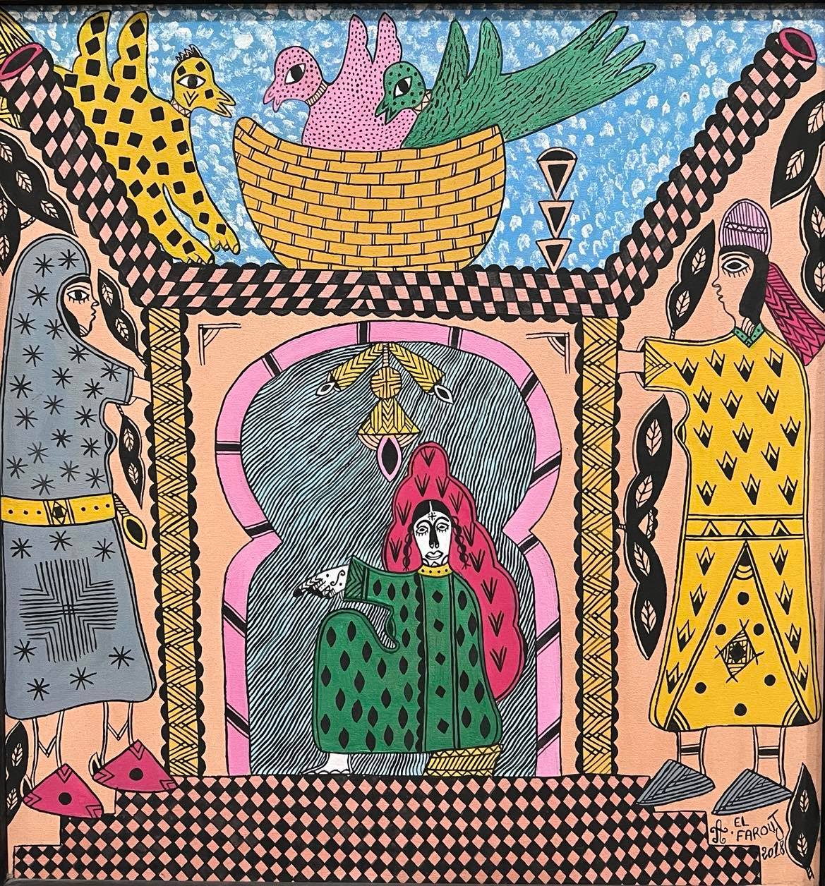 Tableau figuratif marocain personnages et oiseaux