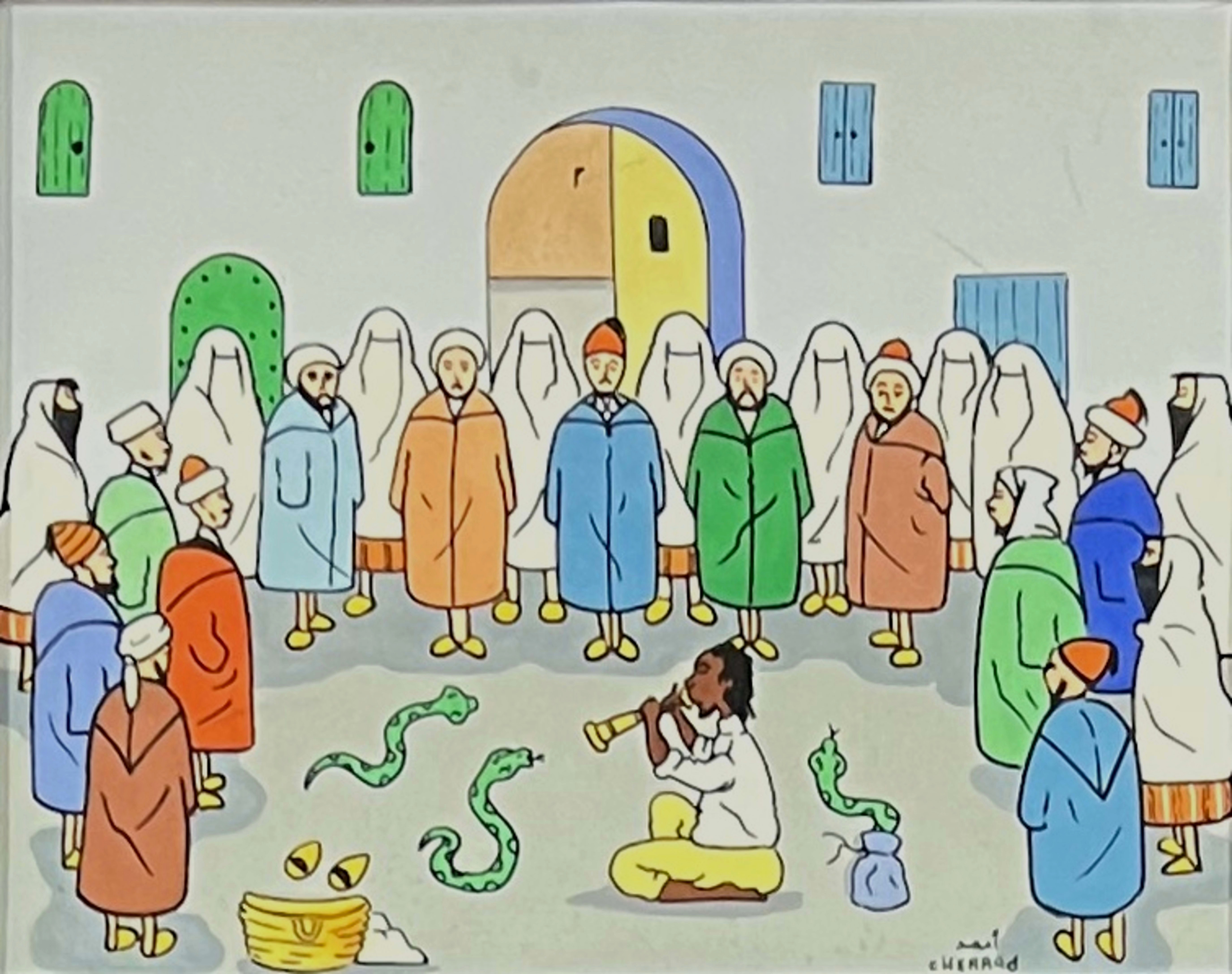 Tableau art naïf marocain - charmeur de serpents en médina