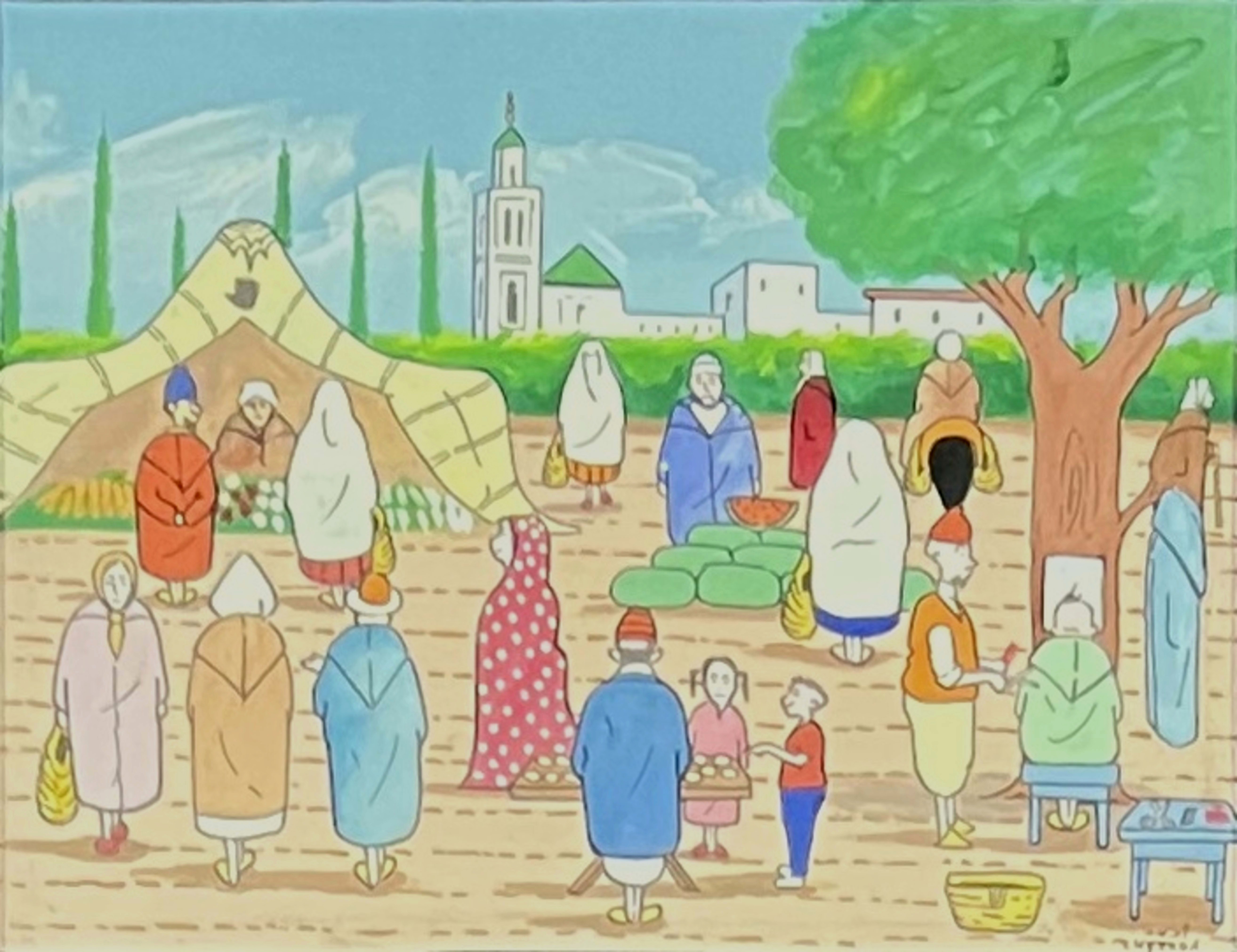 Tableau art naïf marocain - village et souk devant minaret