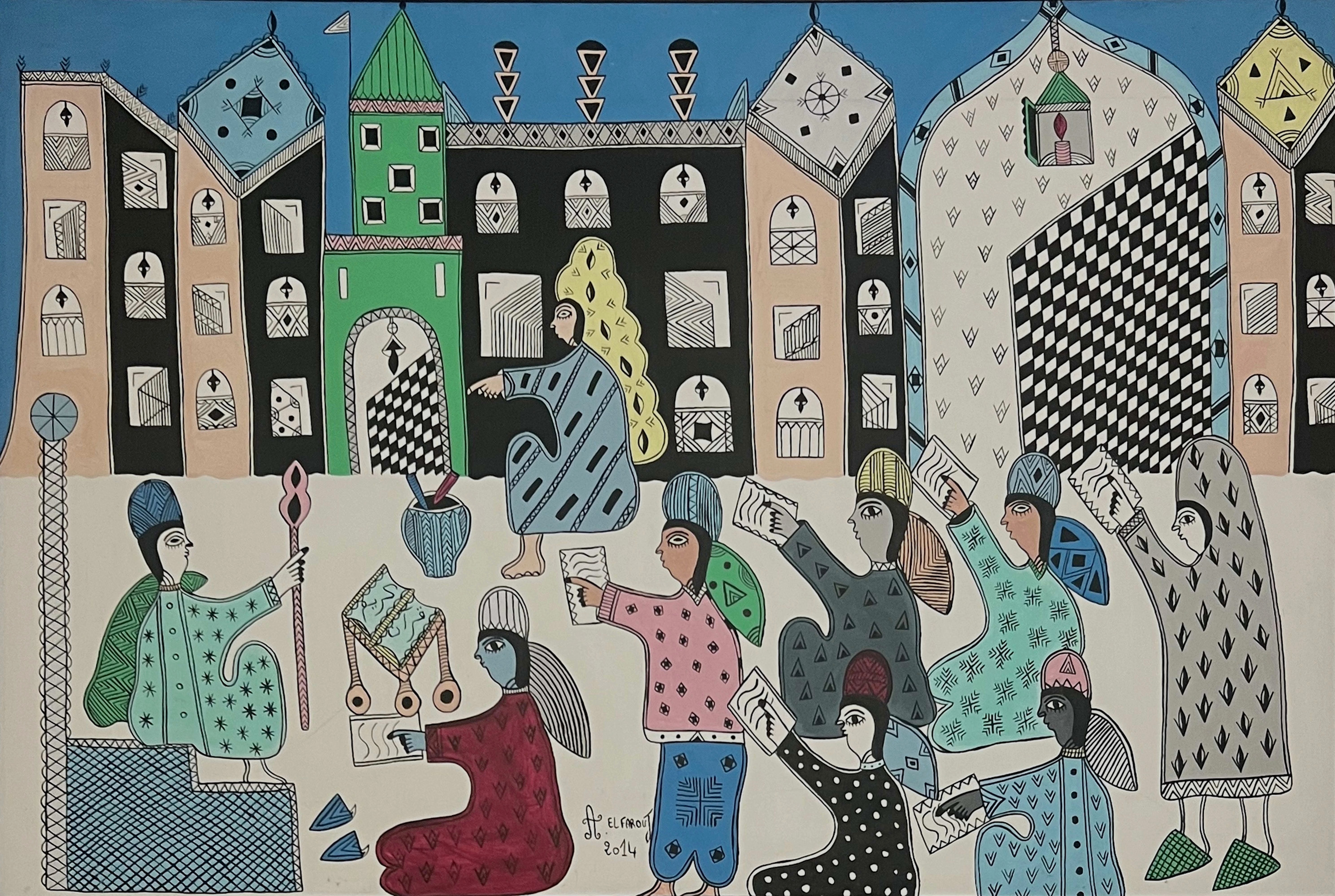 Tableau art naïf marocain - souk animé devant architectures bleues