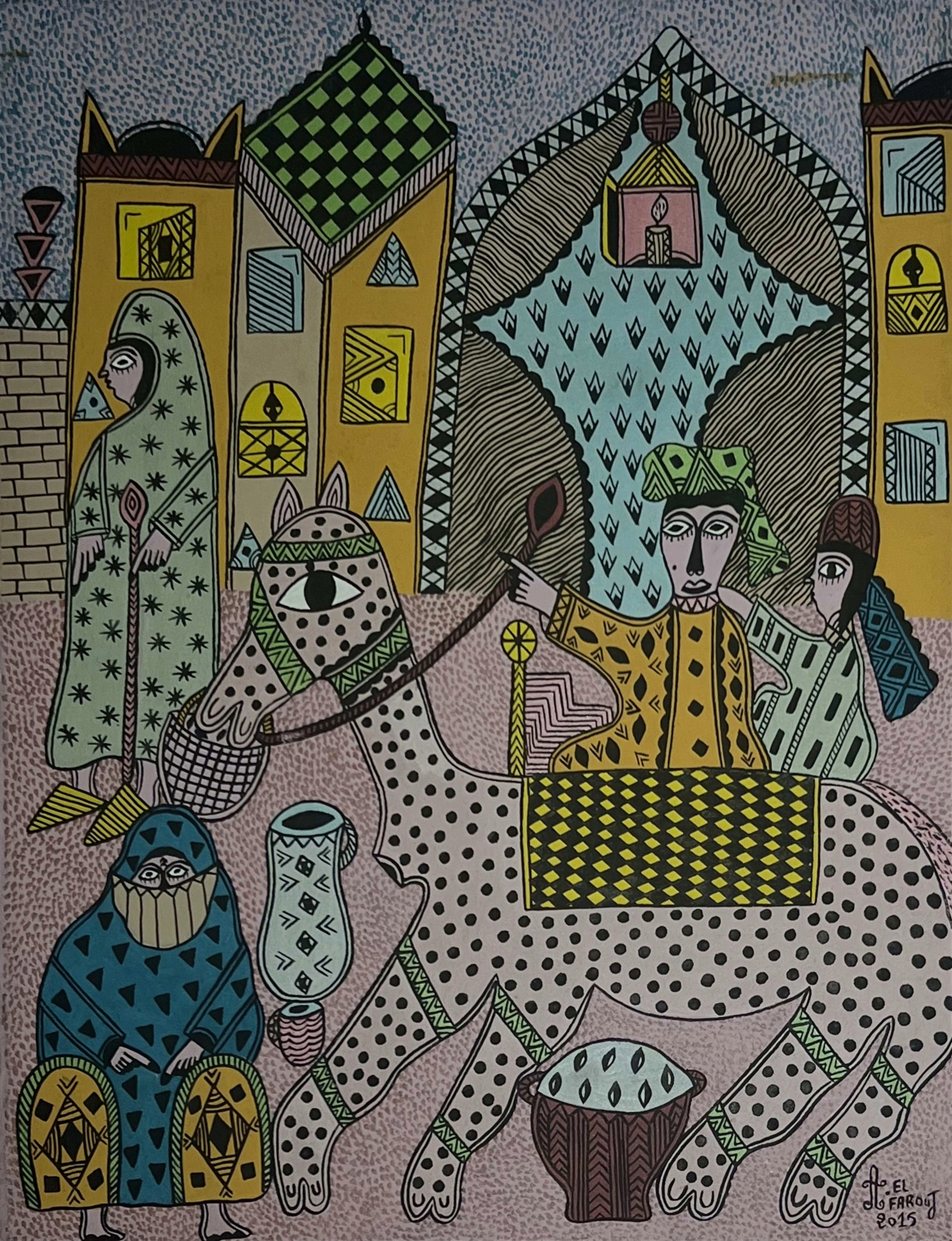 Tableau art naïf marocain - famille dans un intérieur marocain