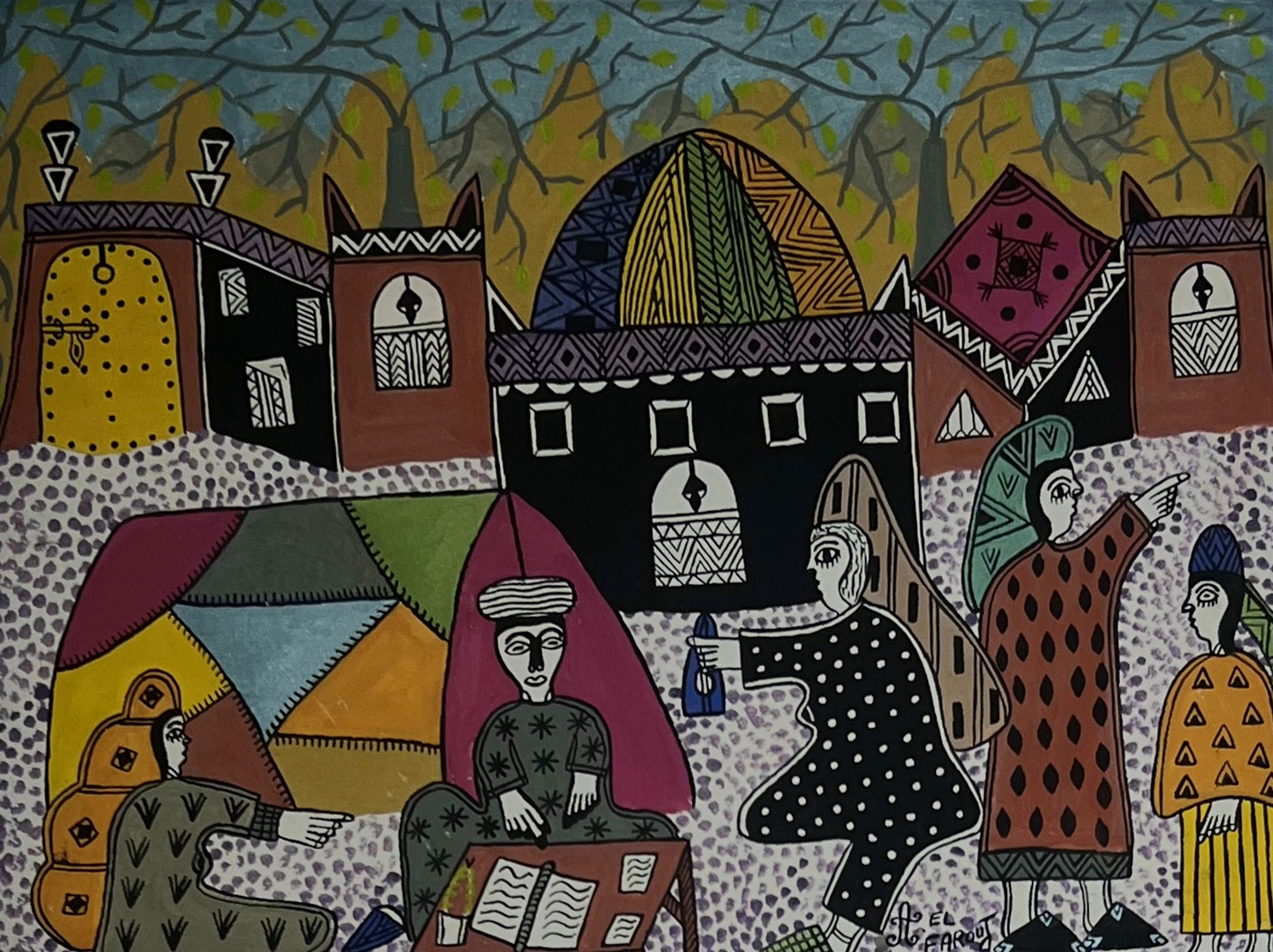 Tableau art naïf marocain - scène d'intérieur autour du tapis