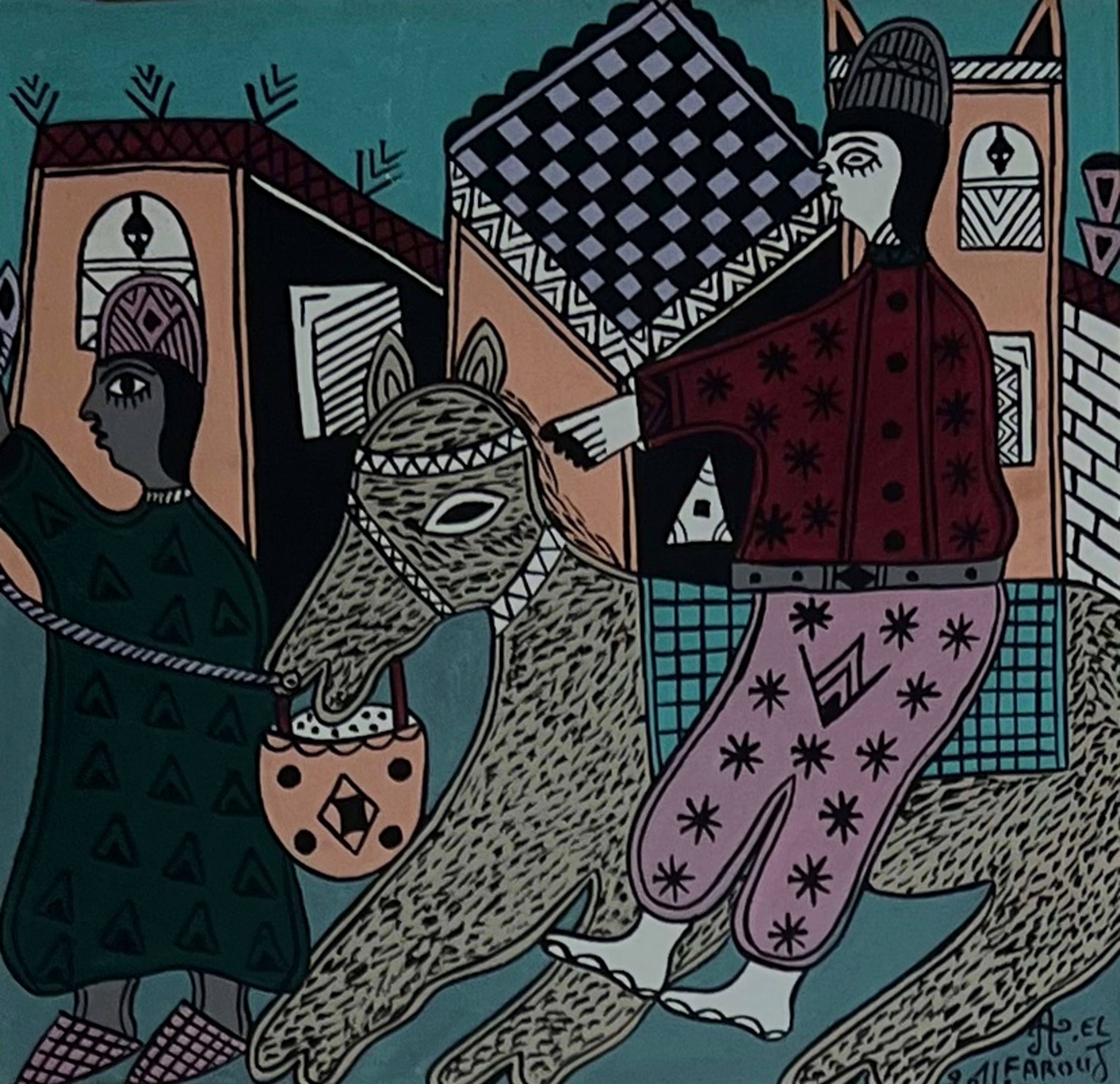 Tableau art naïf marocain - dialogue autour de la chèvre