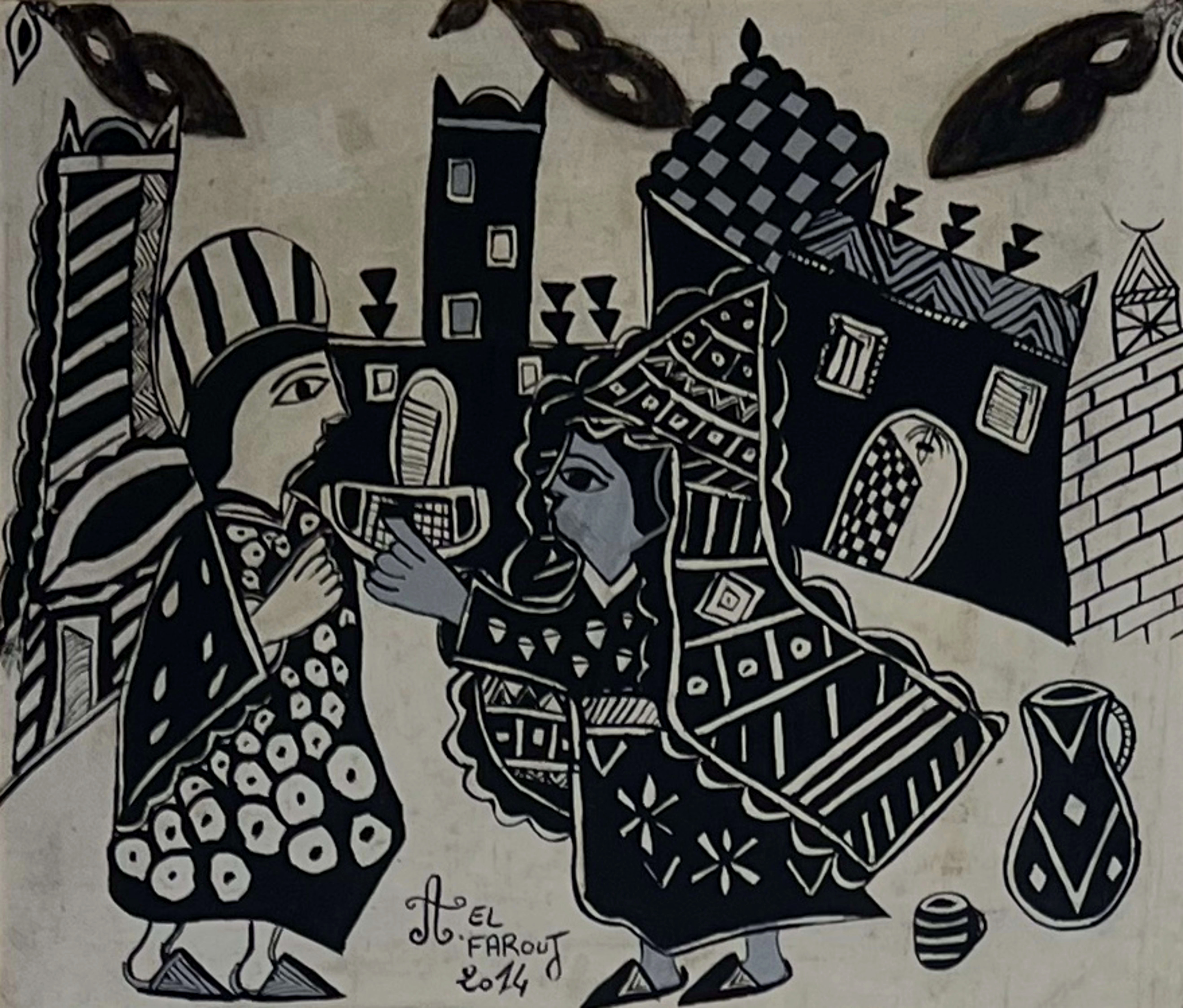 Tableau art naïf marocain - musiciens en noir et blanc