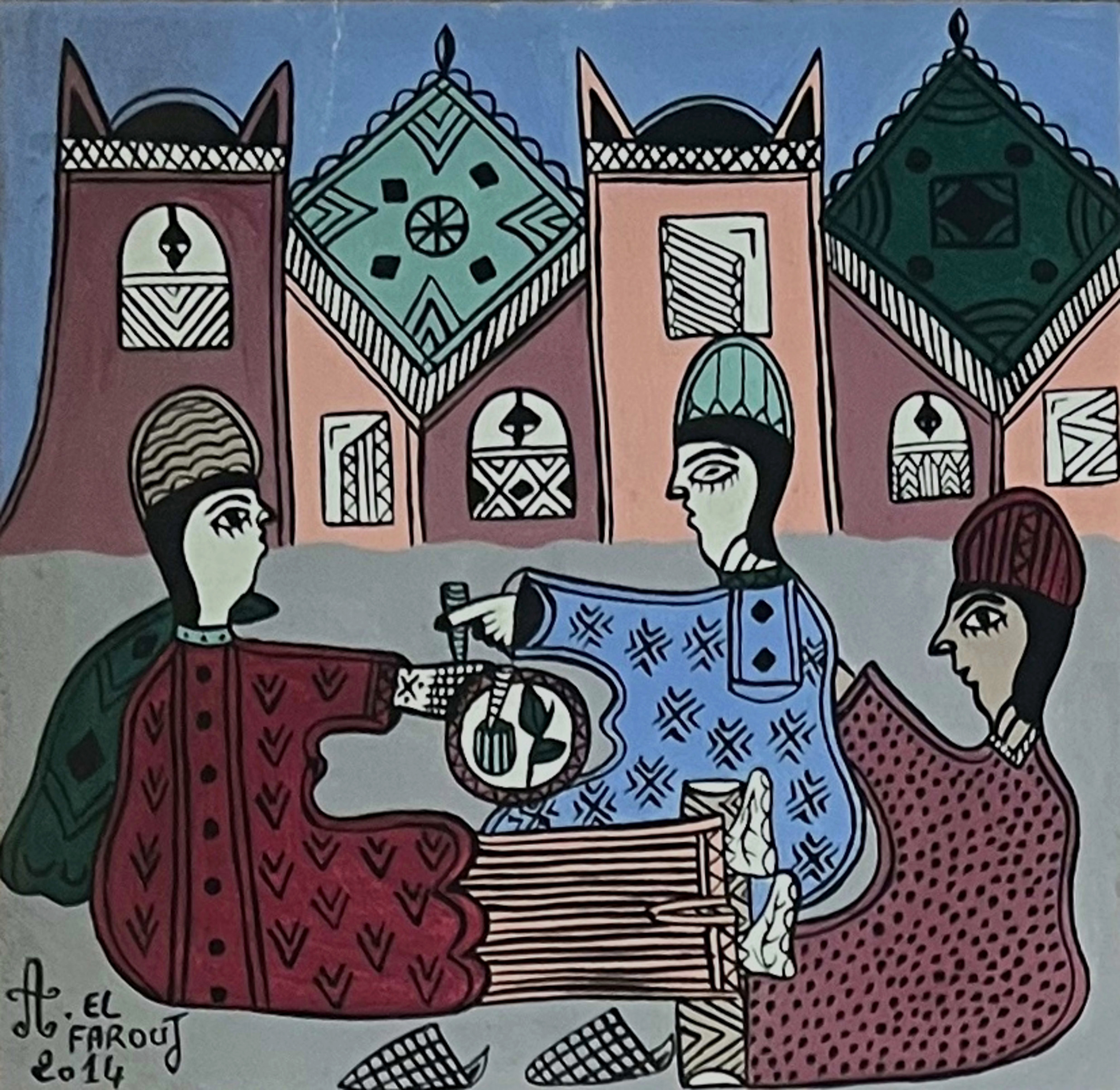 Tableau art naïf marocain - jeux et thé en intérieur