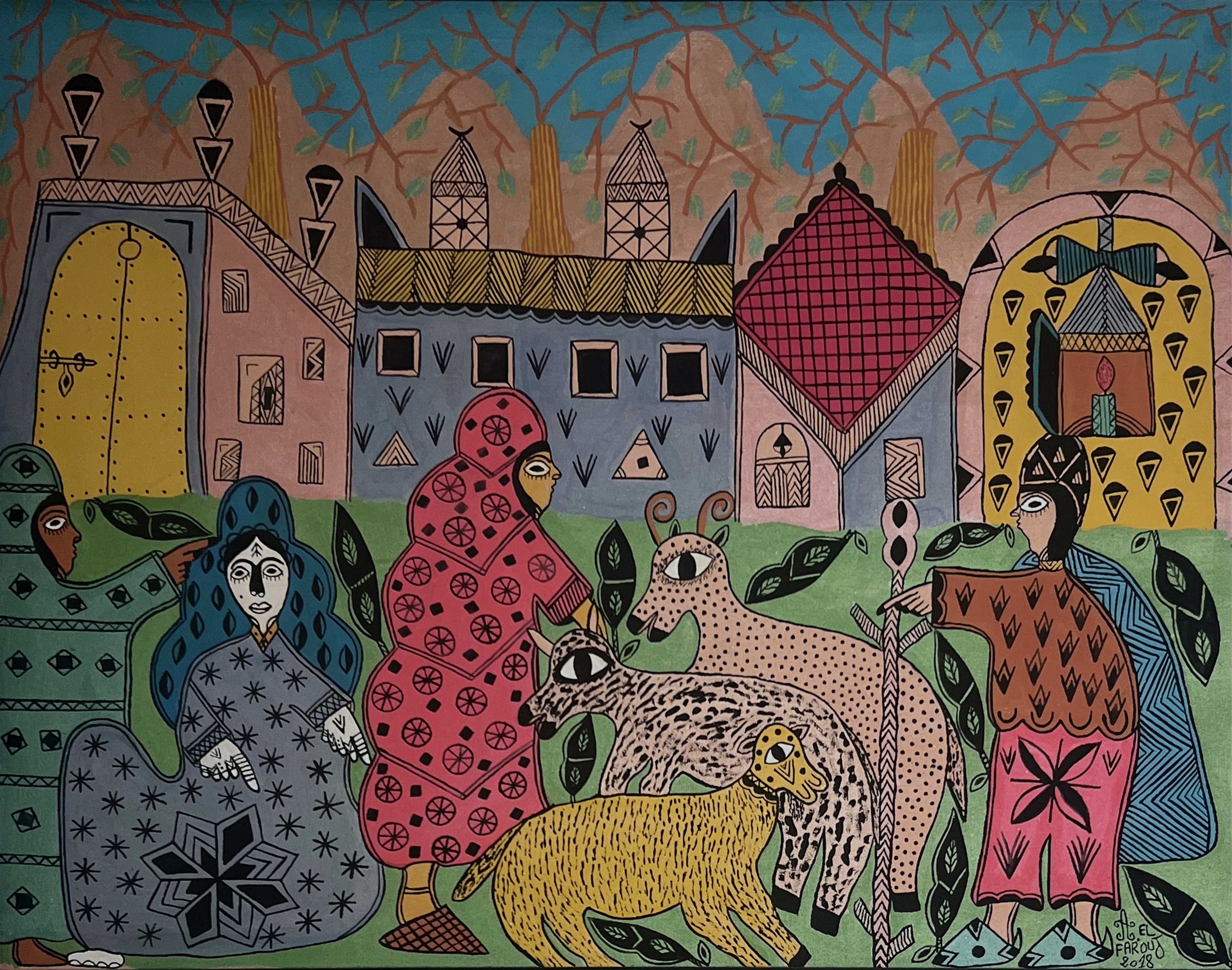 Tableau art naïf marocain - femmes et léopard dans un jardin