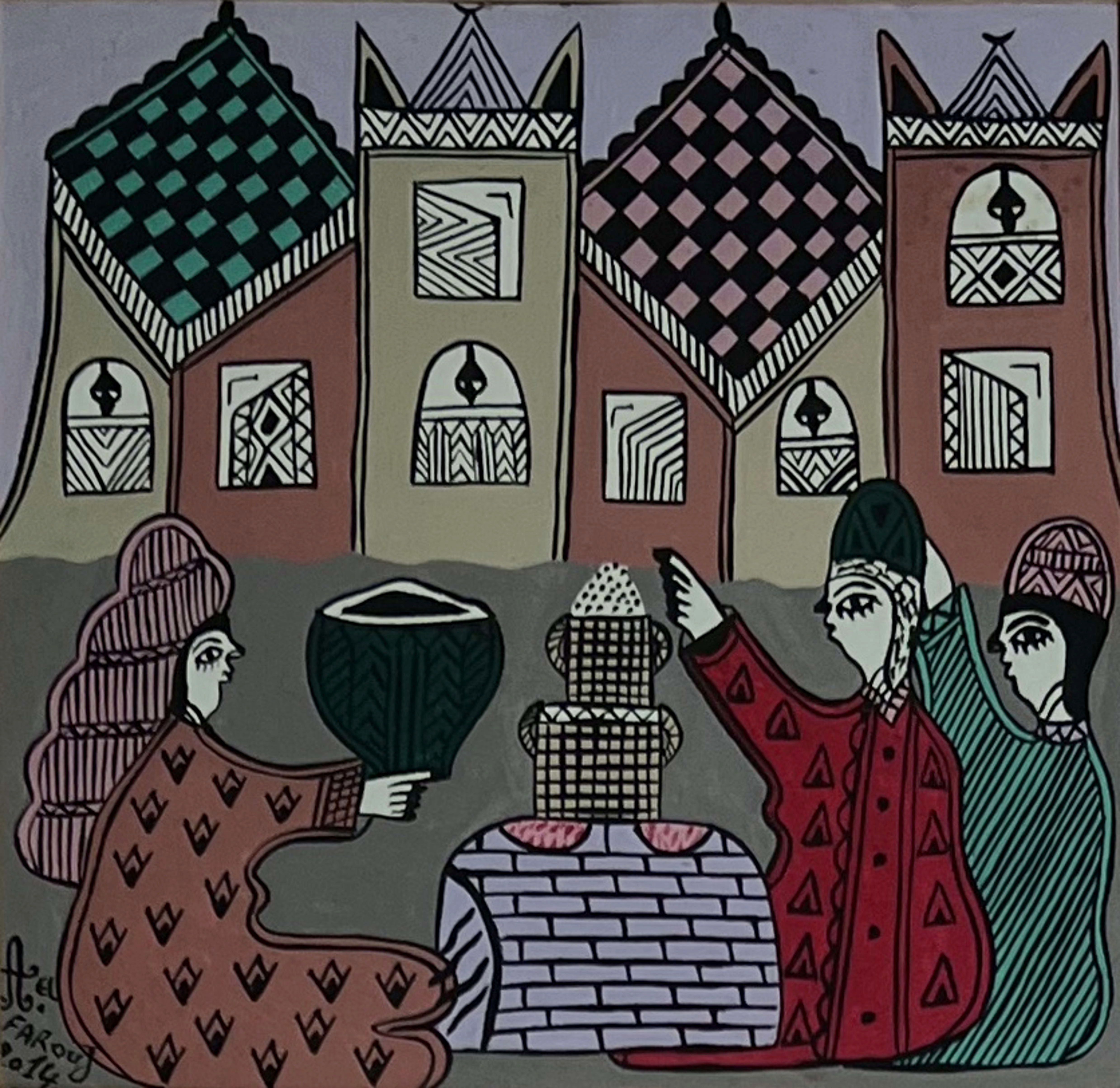 Tableau art naïf marocain - marché aux poteries