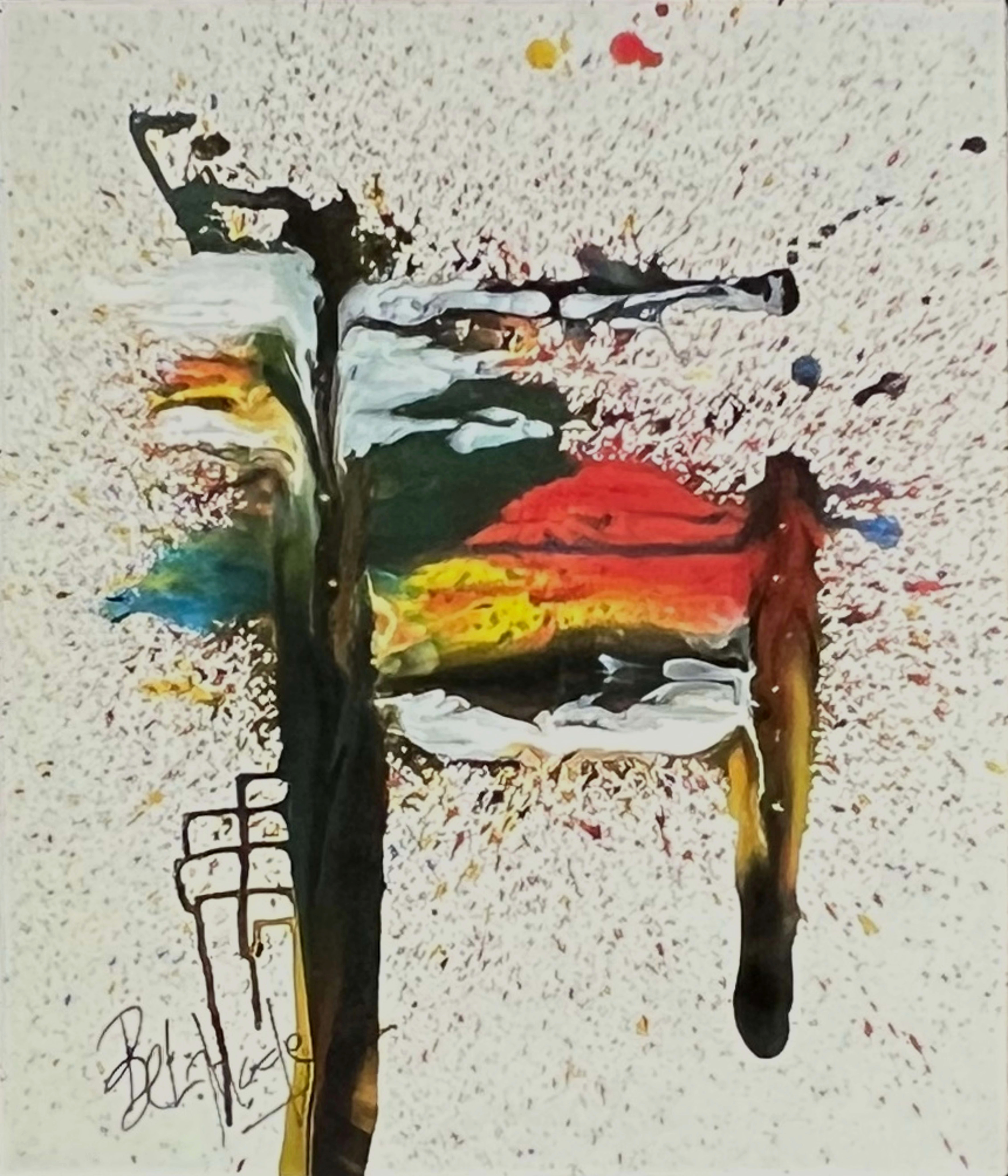 Tableau abstrait marocain - arbre noir sur paysage rouge