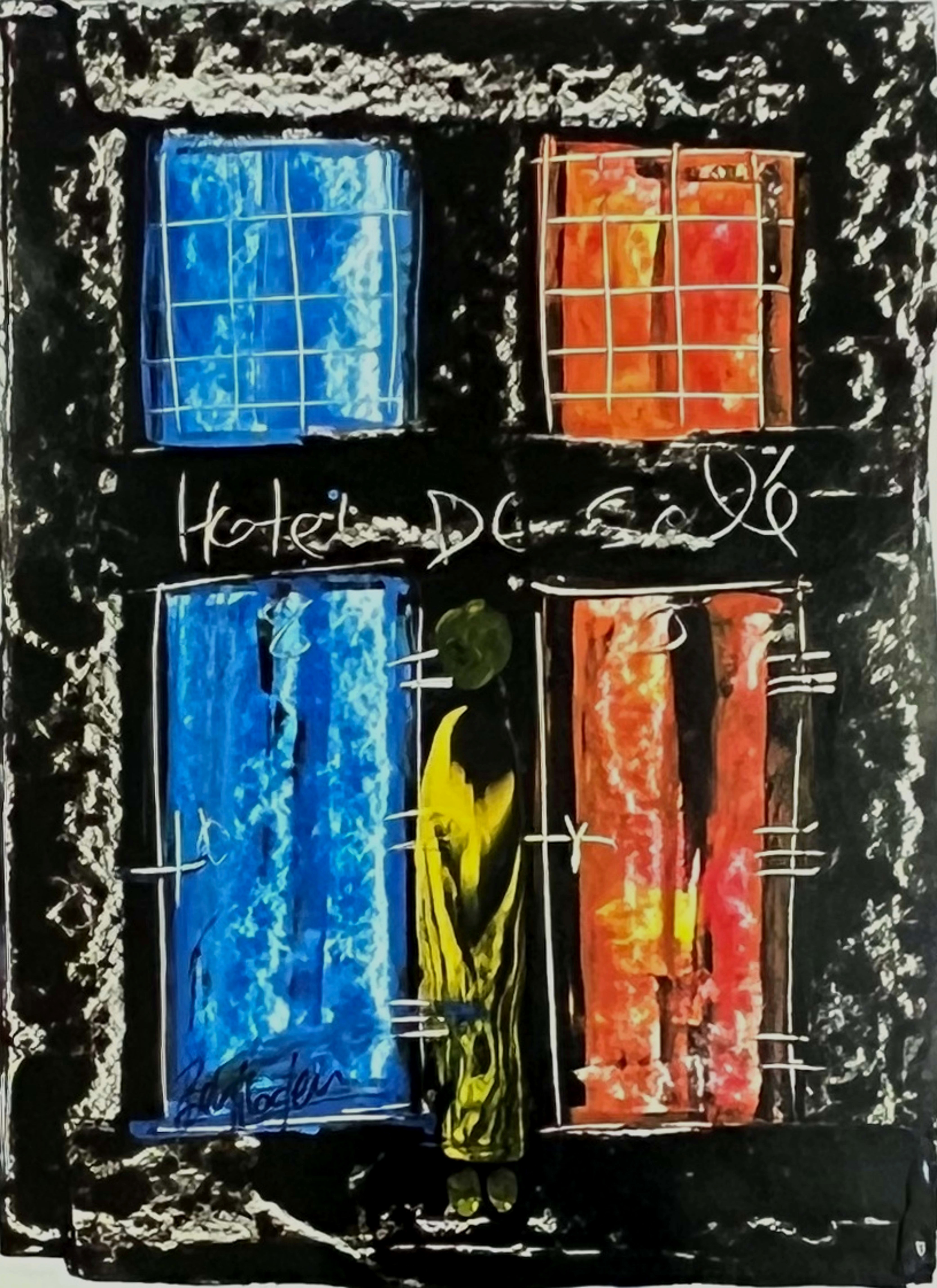 Tableau expressionniste marocain - silhouette entre fenetres bleue et rouge