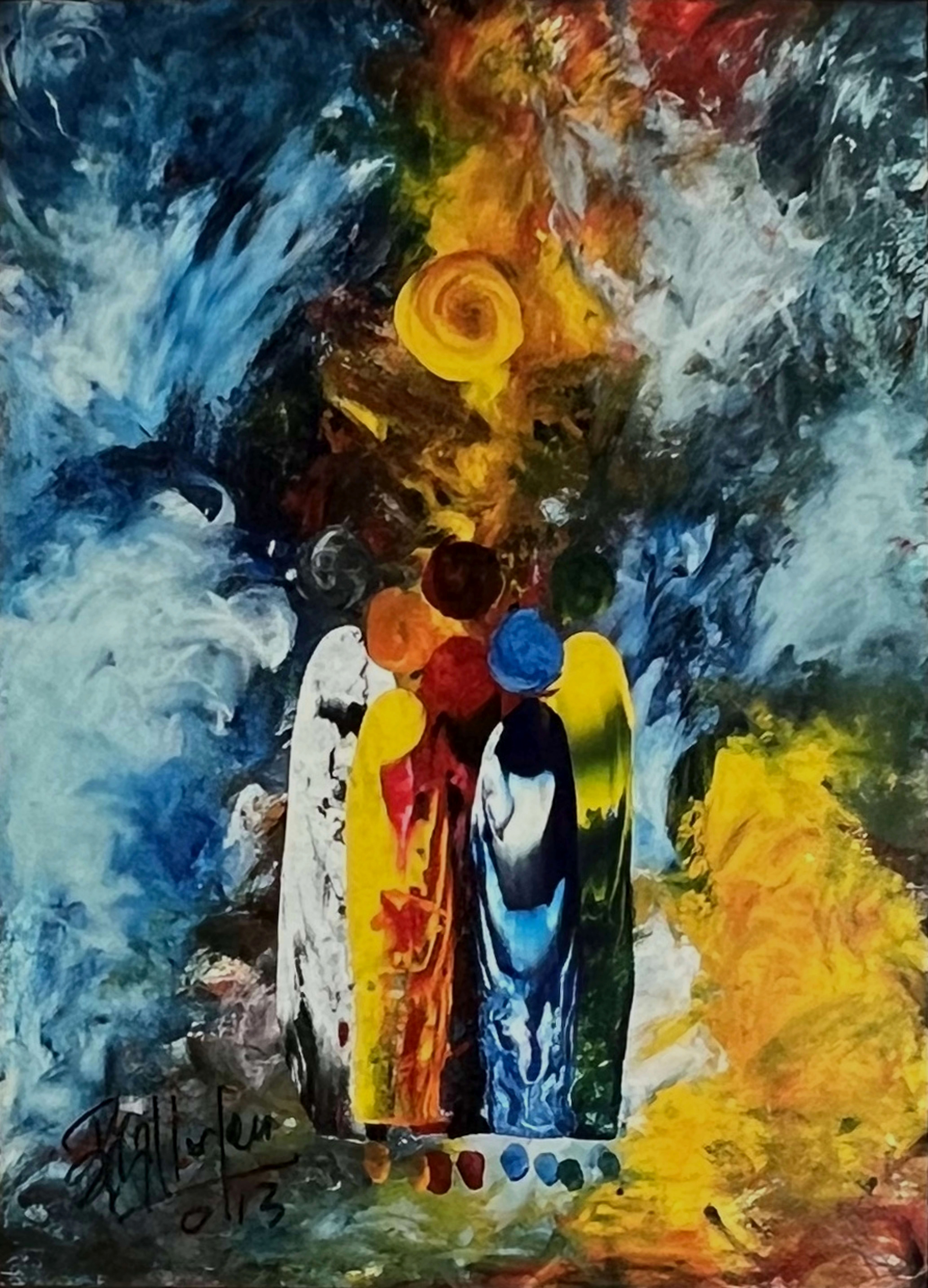 Tableau expressionniste marocain - couple dans une tempete de couleurs