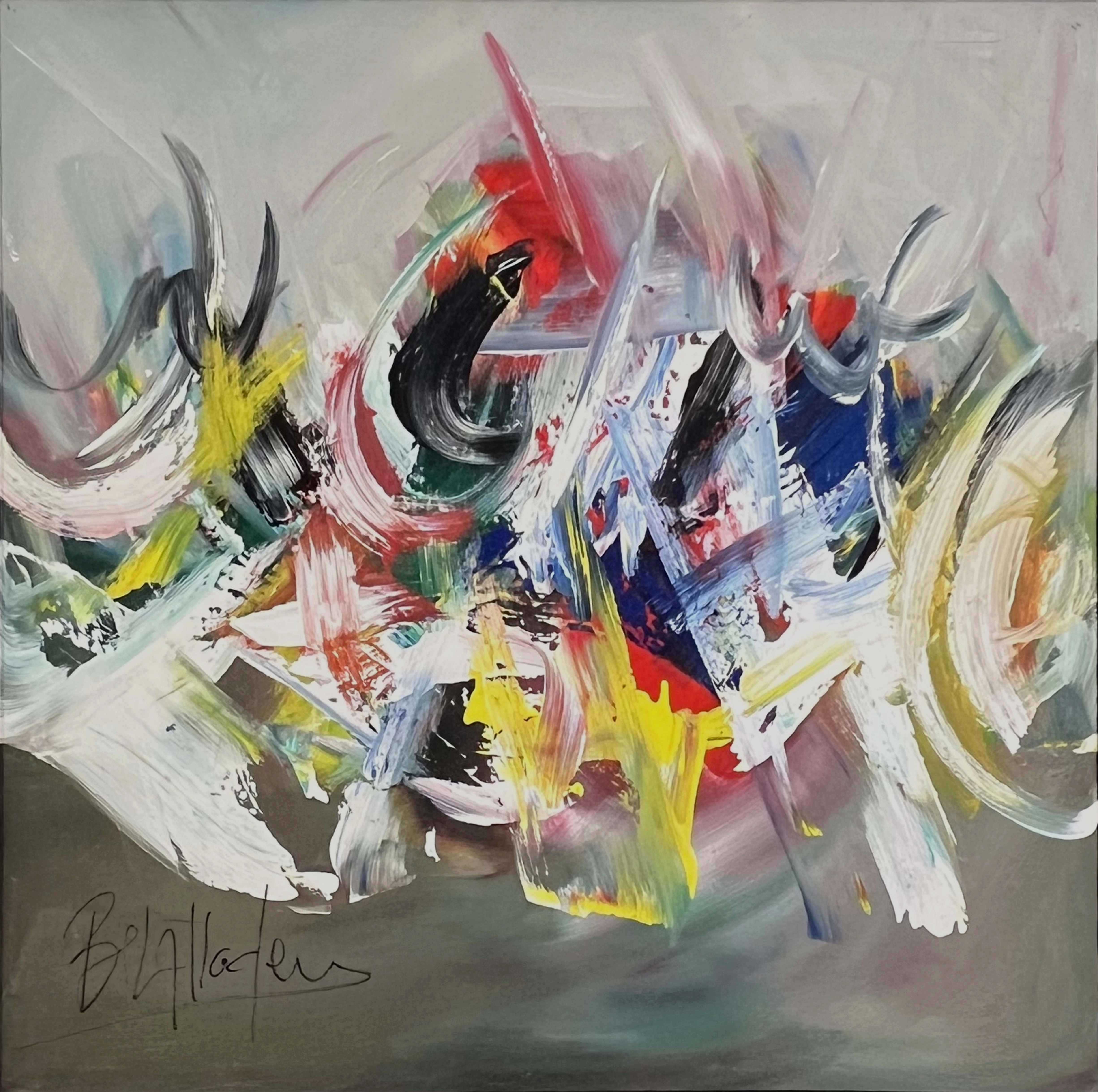 Tableau abstrait marocain - eclats gestuels gris et rouges