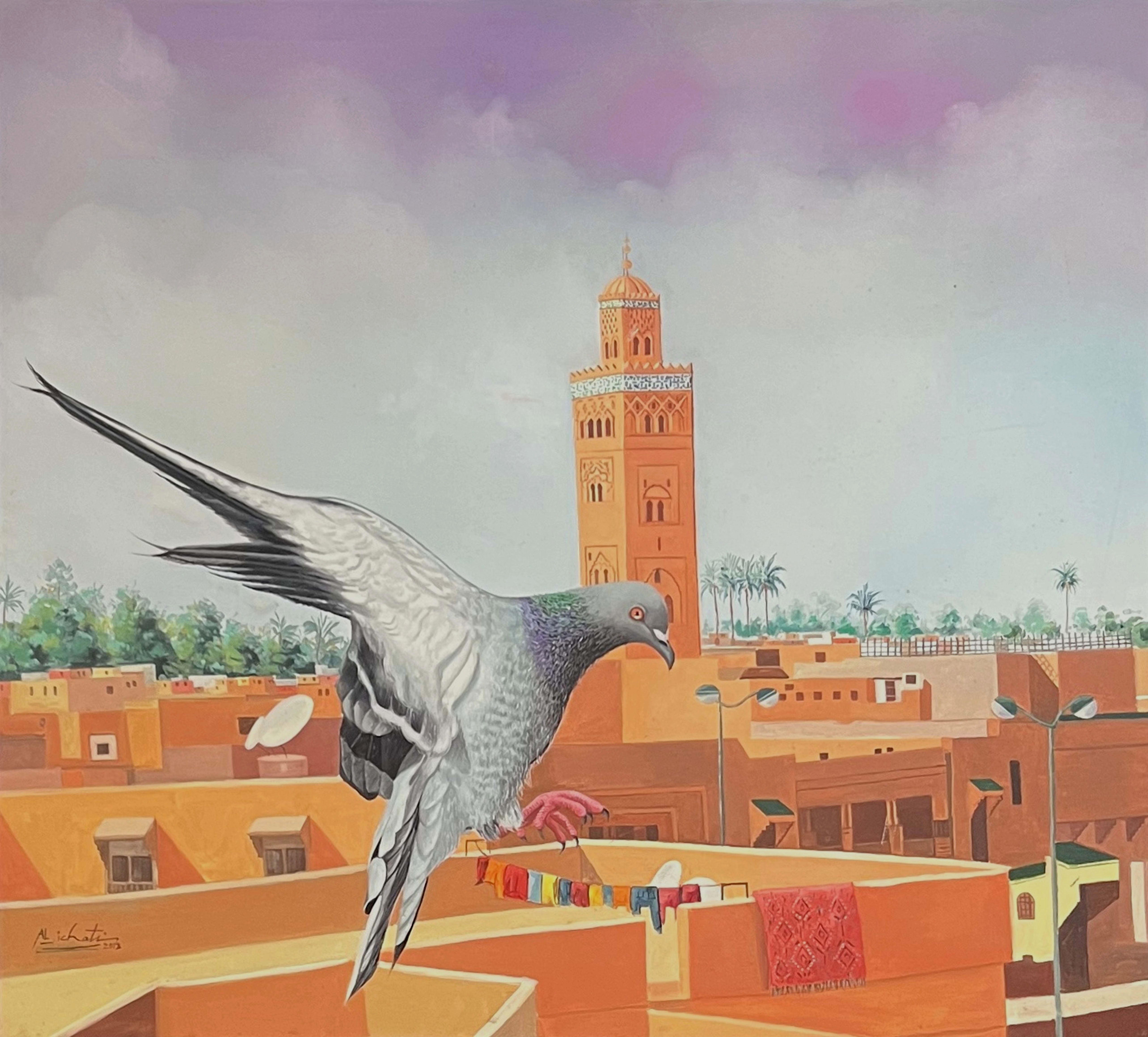 Tableau impressionniste marocain - cigogne devant la Koutoubia