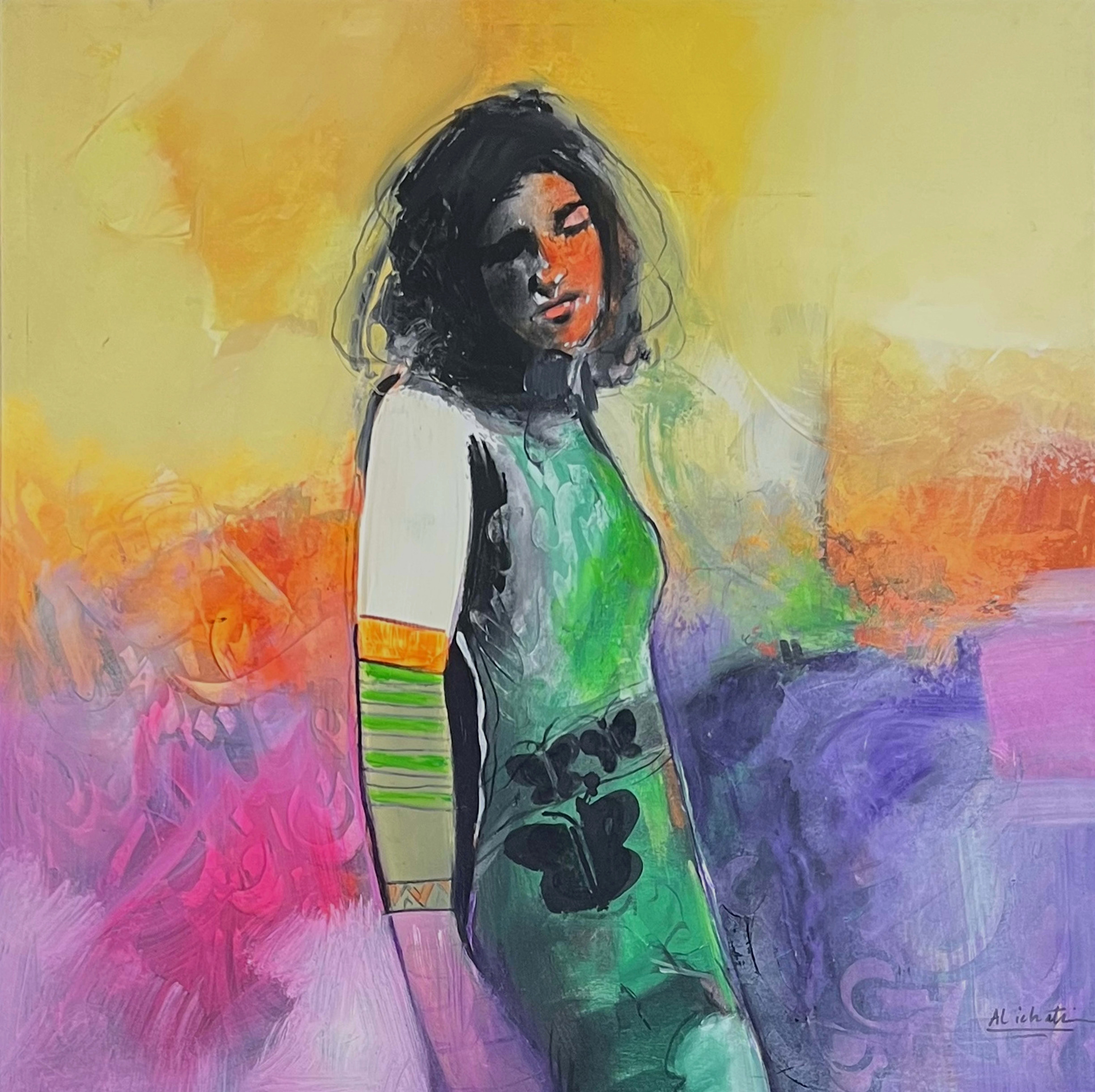 Tableau figuratif marocain - portrait de femme sur fond abstrait