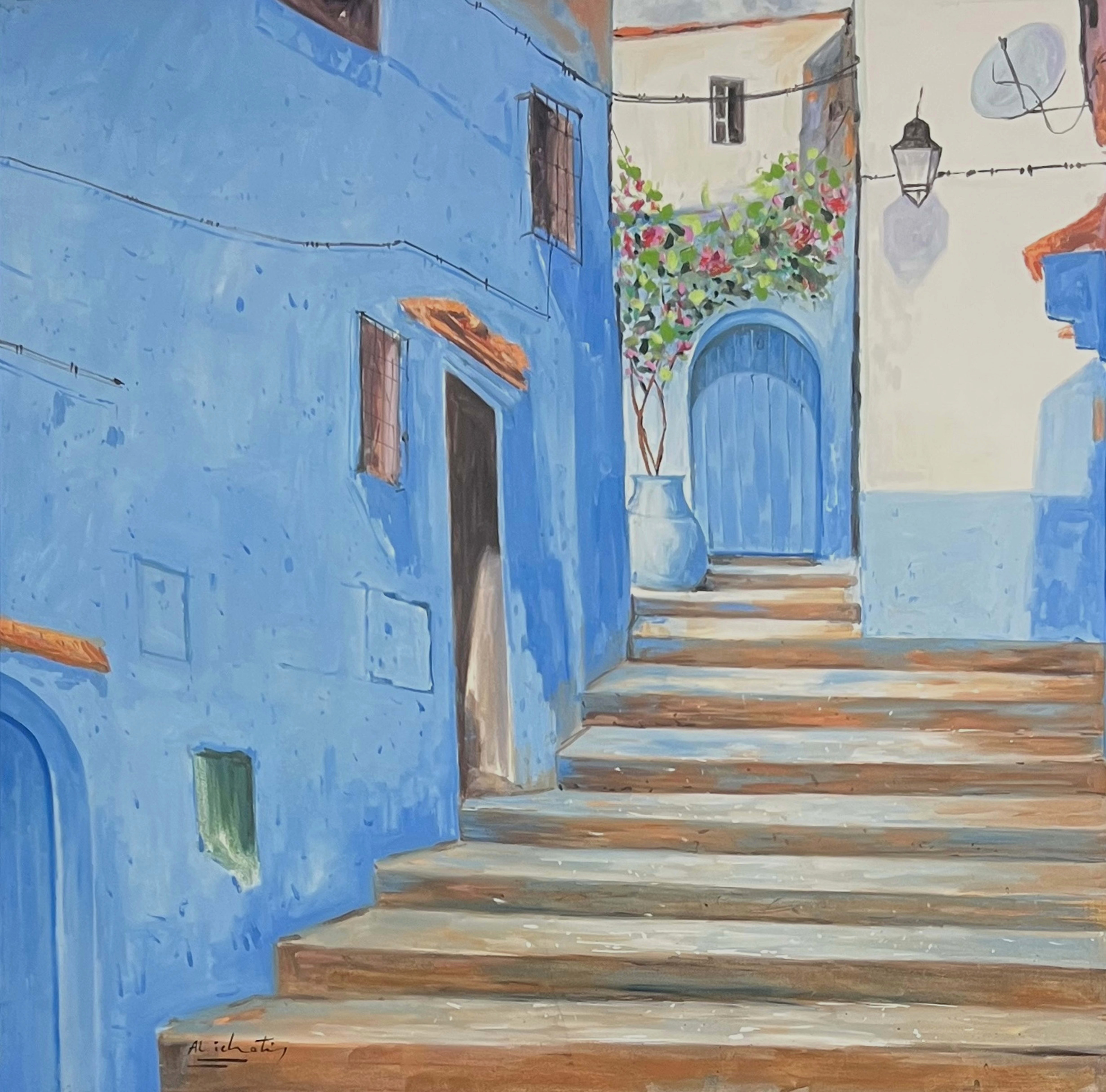 Tableau impressionniste marocain - ruelle bleue de Chefchaouen