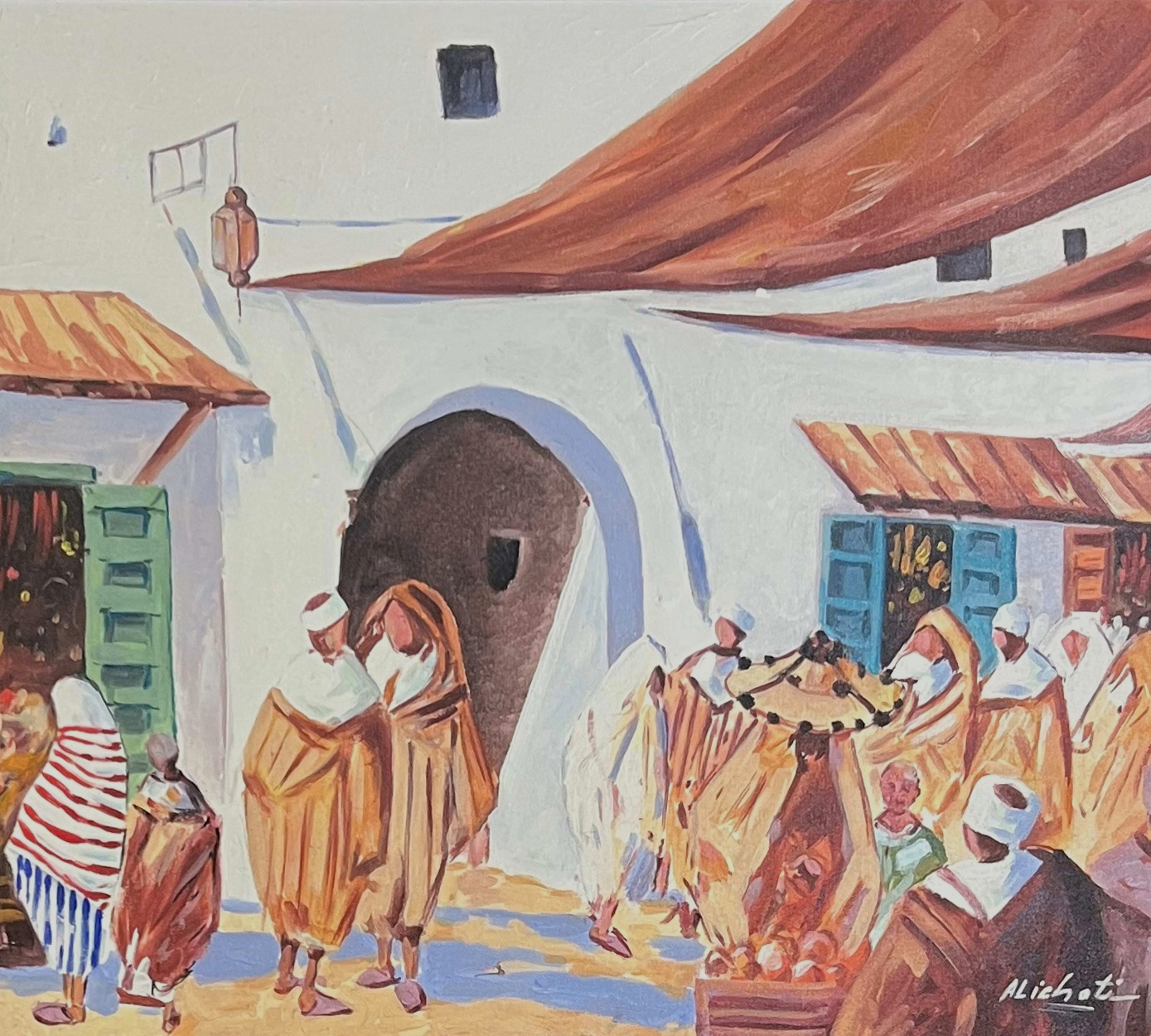 Tableau figuratif marocain - porte de médina et personnages