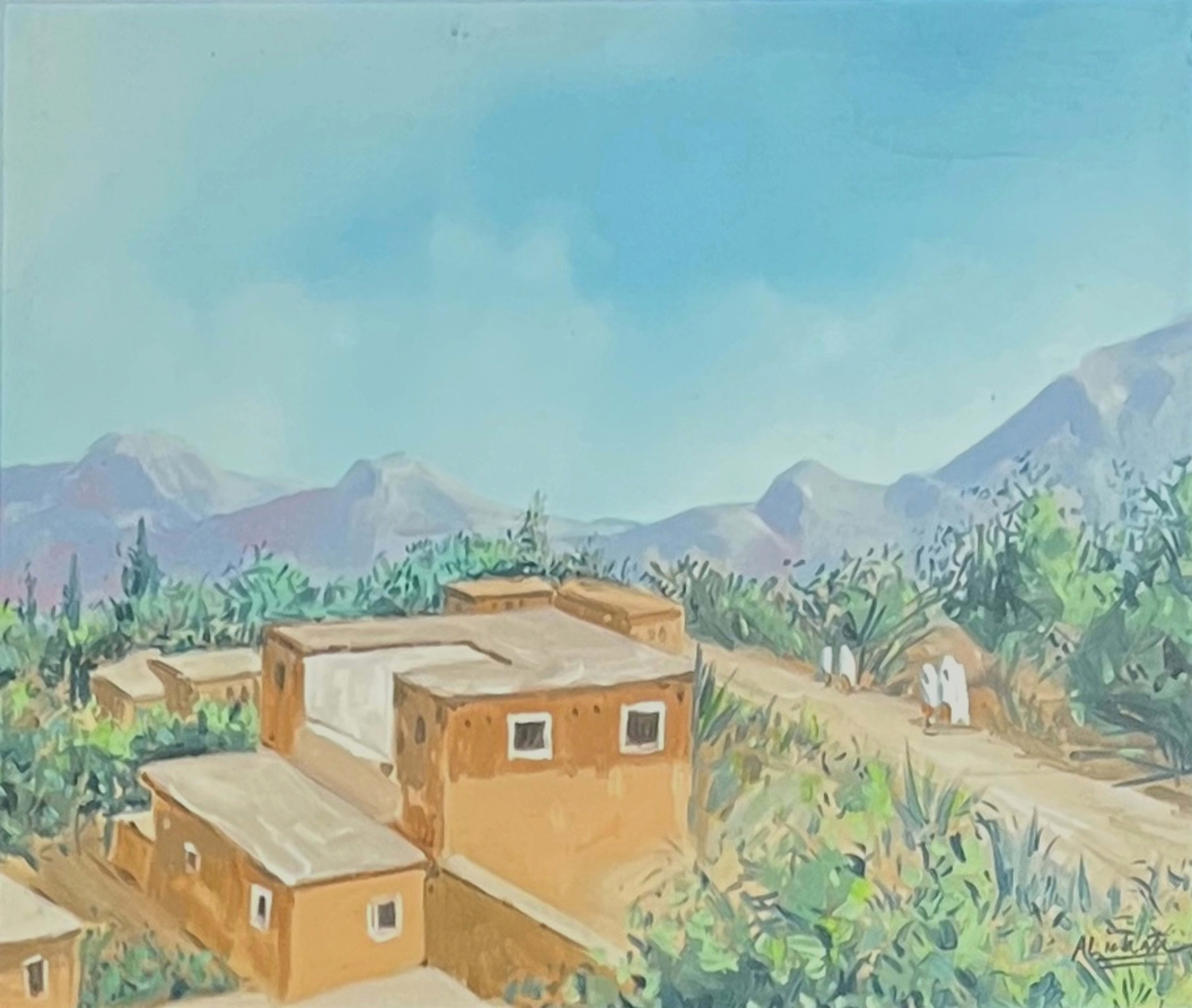 Tableau impressionniste marocain - village de montagne au pied de l'Atlas