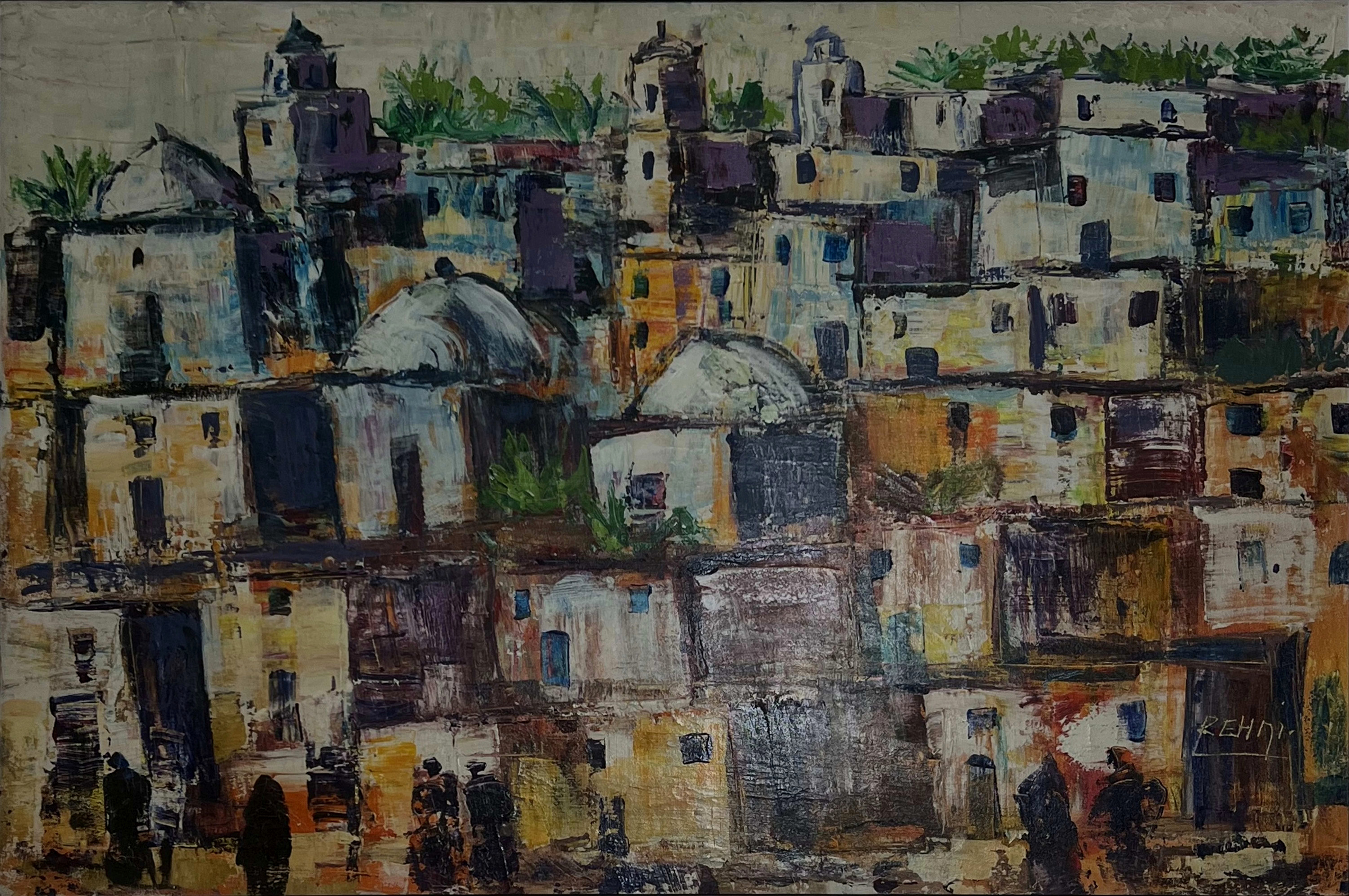 Tableau impressionniste marocain - médina blanche aux terrasses