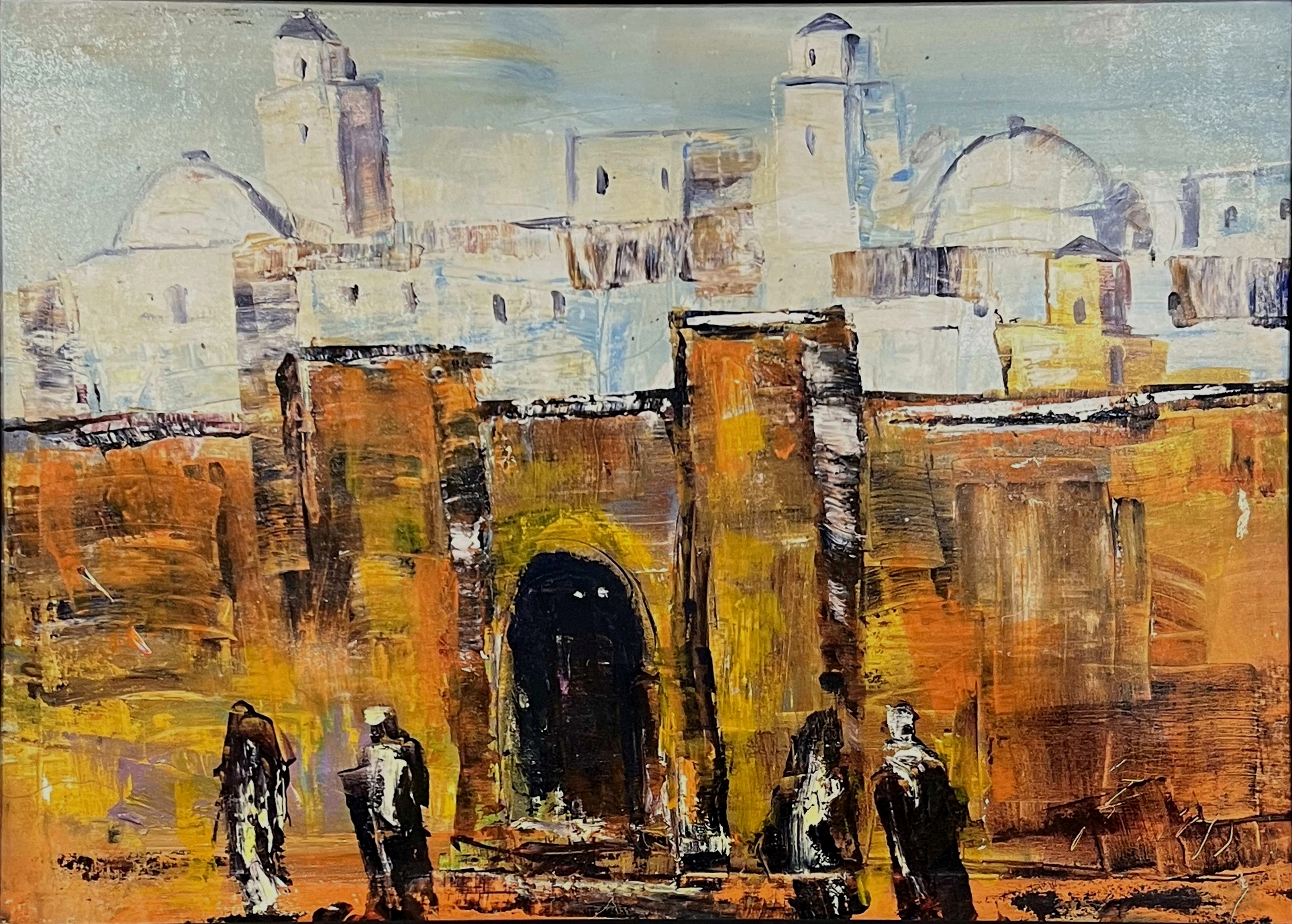 Tableau impressionniste marocain - porte de médina et silhouettes