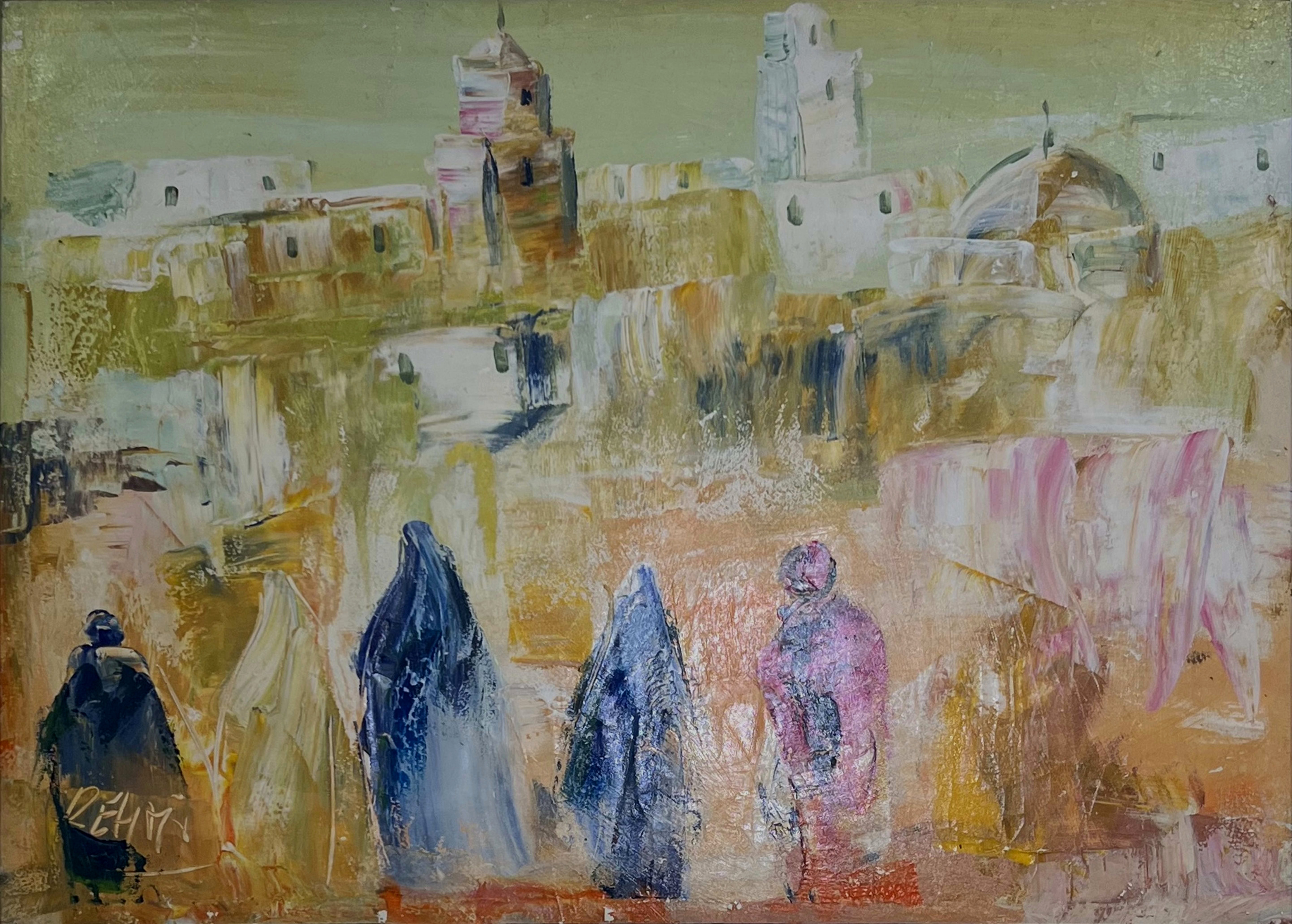 Tableau impressionniste marocain - femmes dans une médina lumineuse