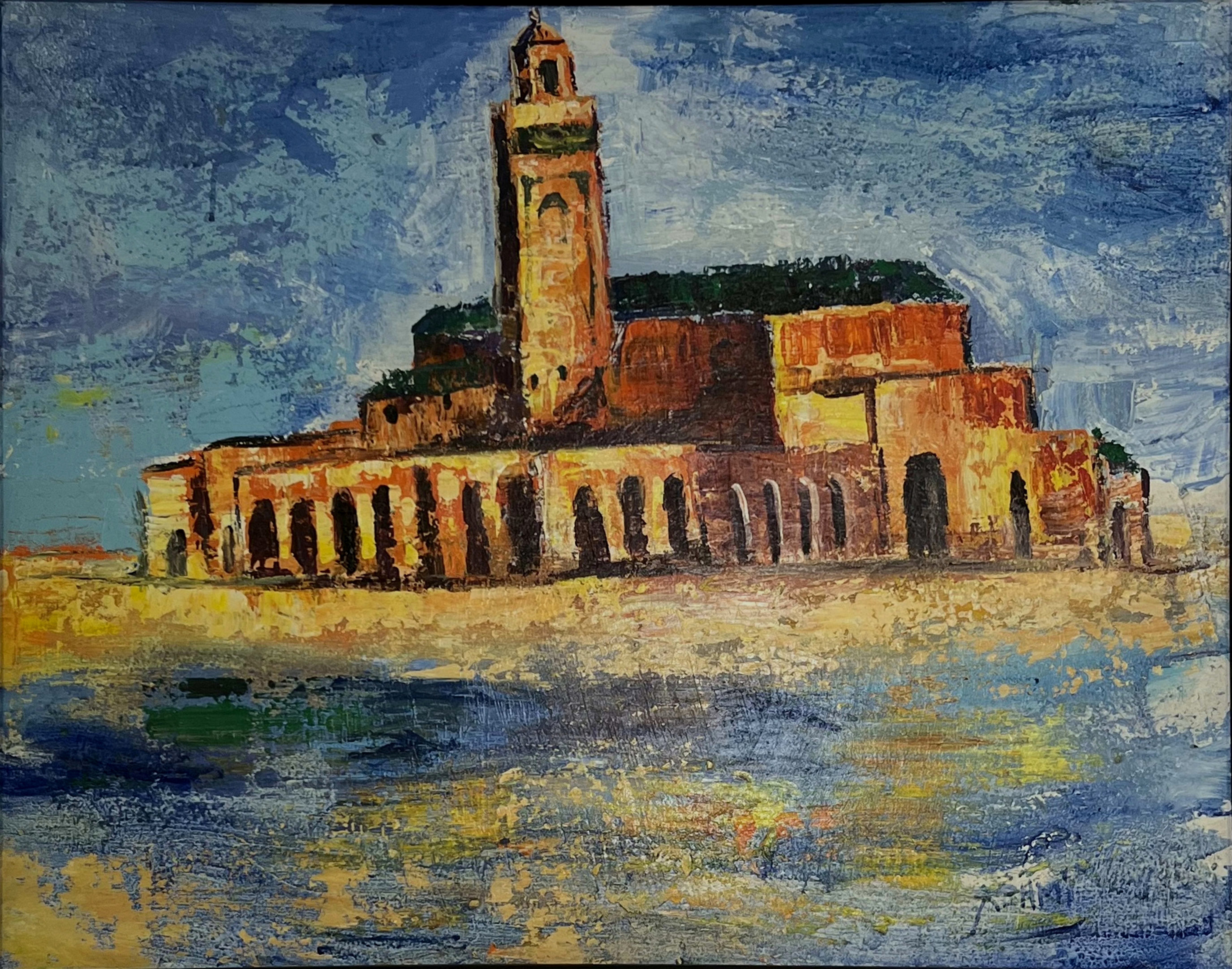 Tableau impressionniste marocain - mosquée Hassan II au bord de mer