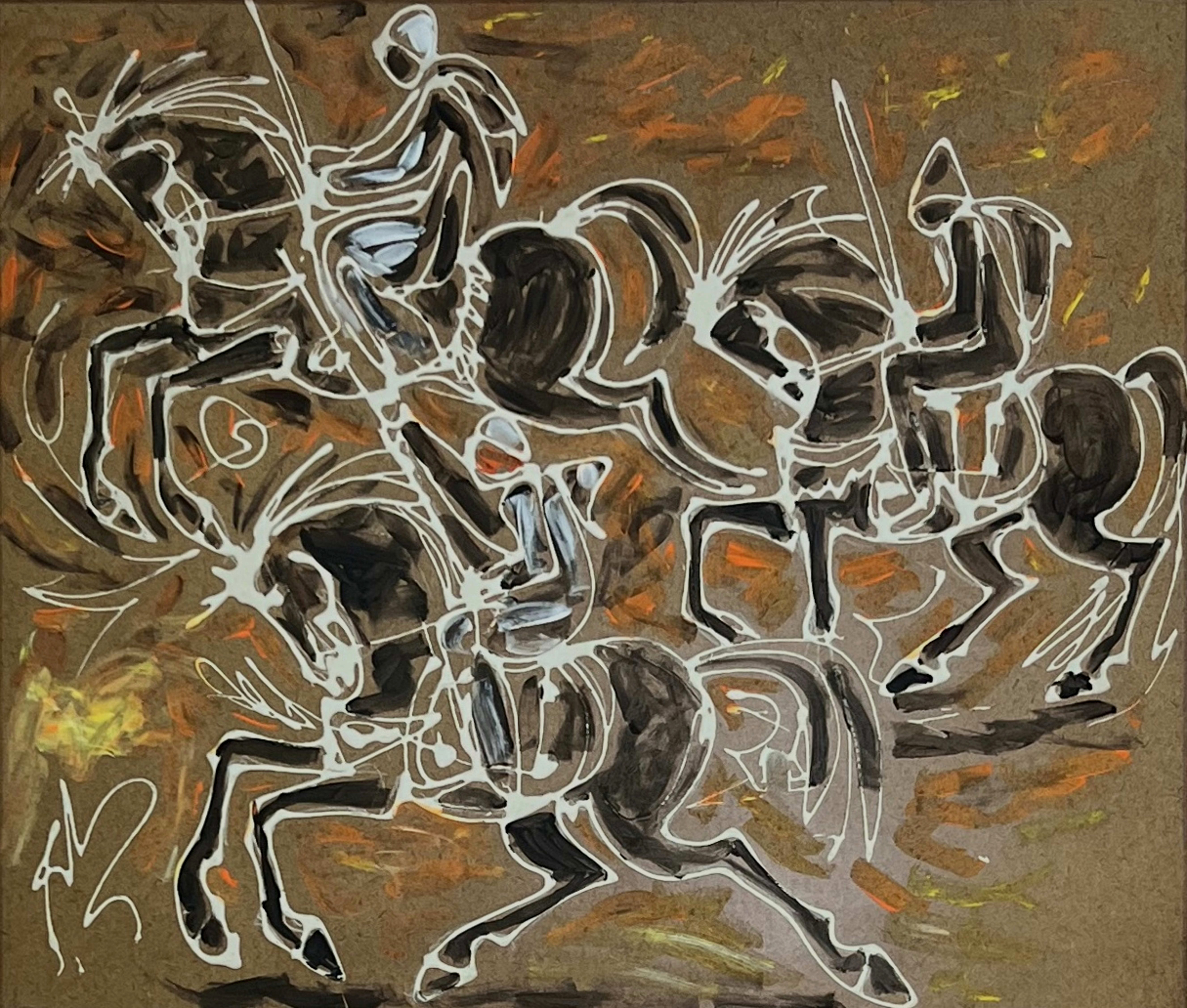 Tableau expressionniste marocain - cavaliers de fantasia stylisés