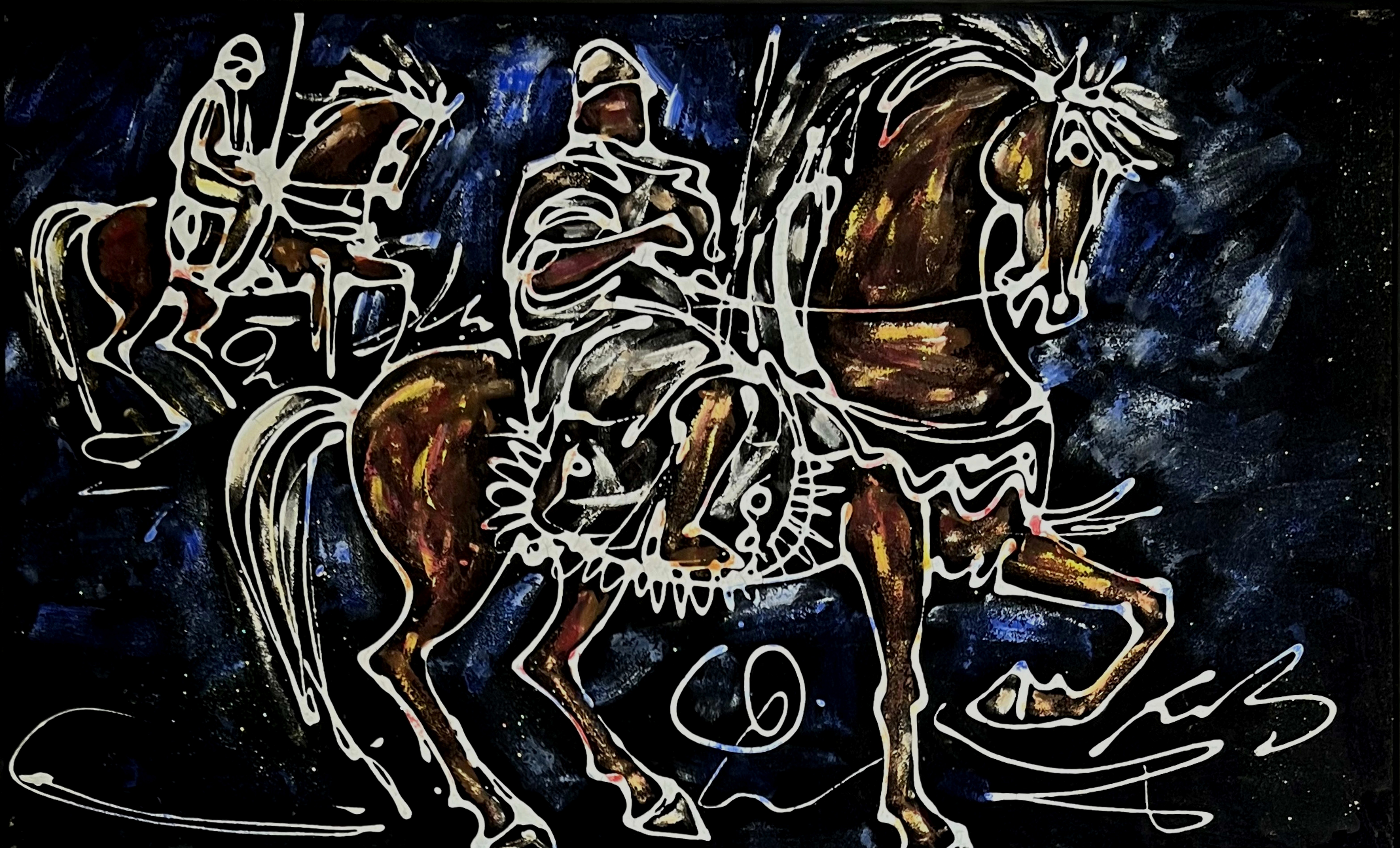 Tableau expressionniste marocain - cavalier de fantasia noir et blanc