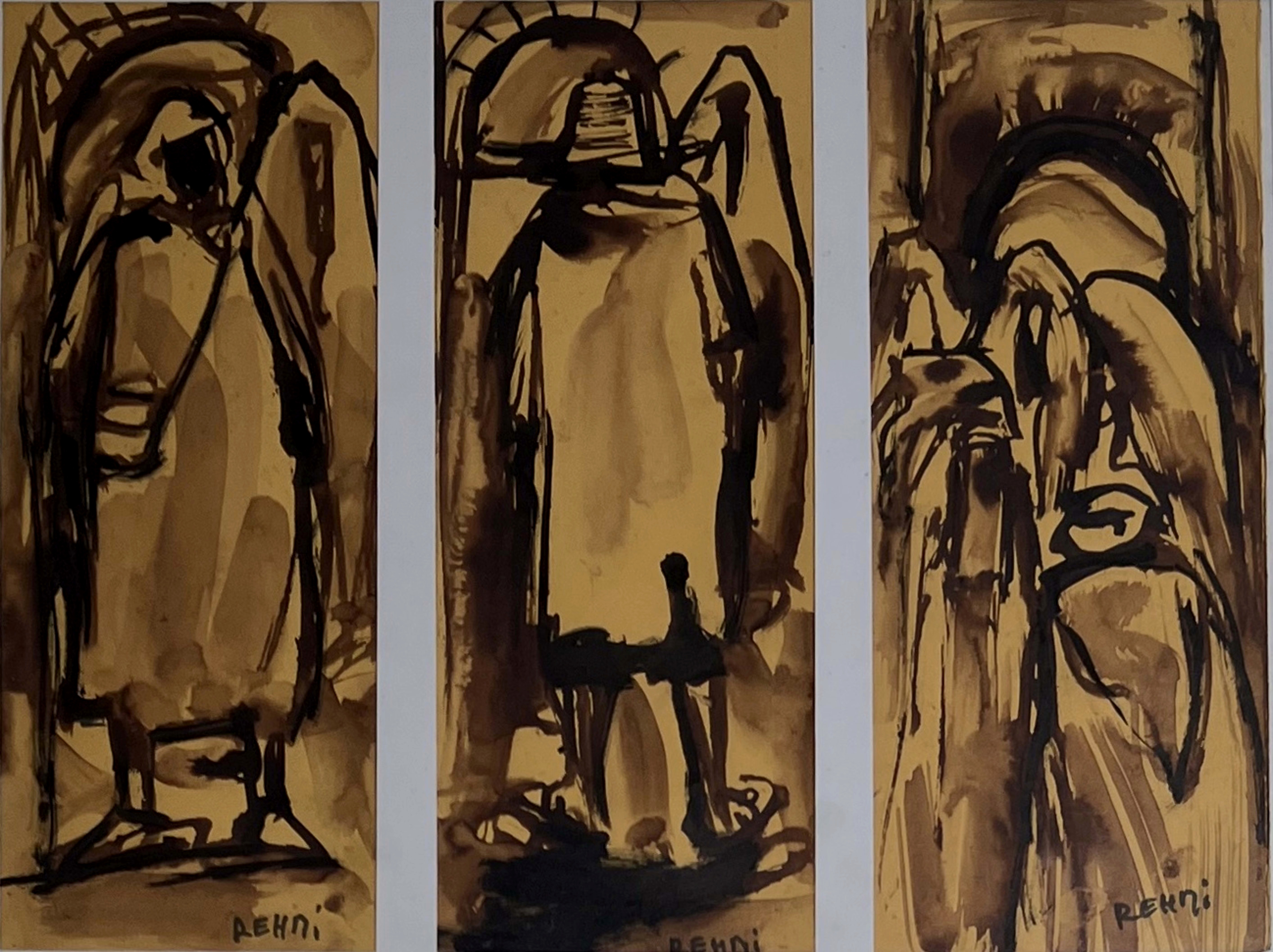 Tableau expressionniste marocain - silhouettes verticales au lavis