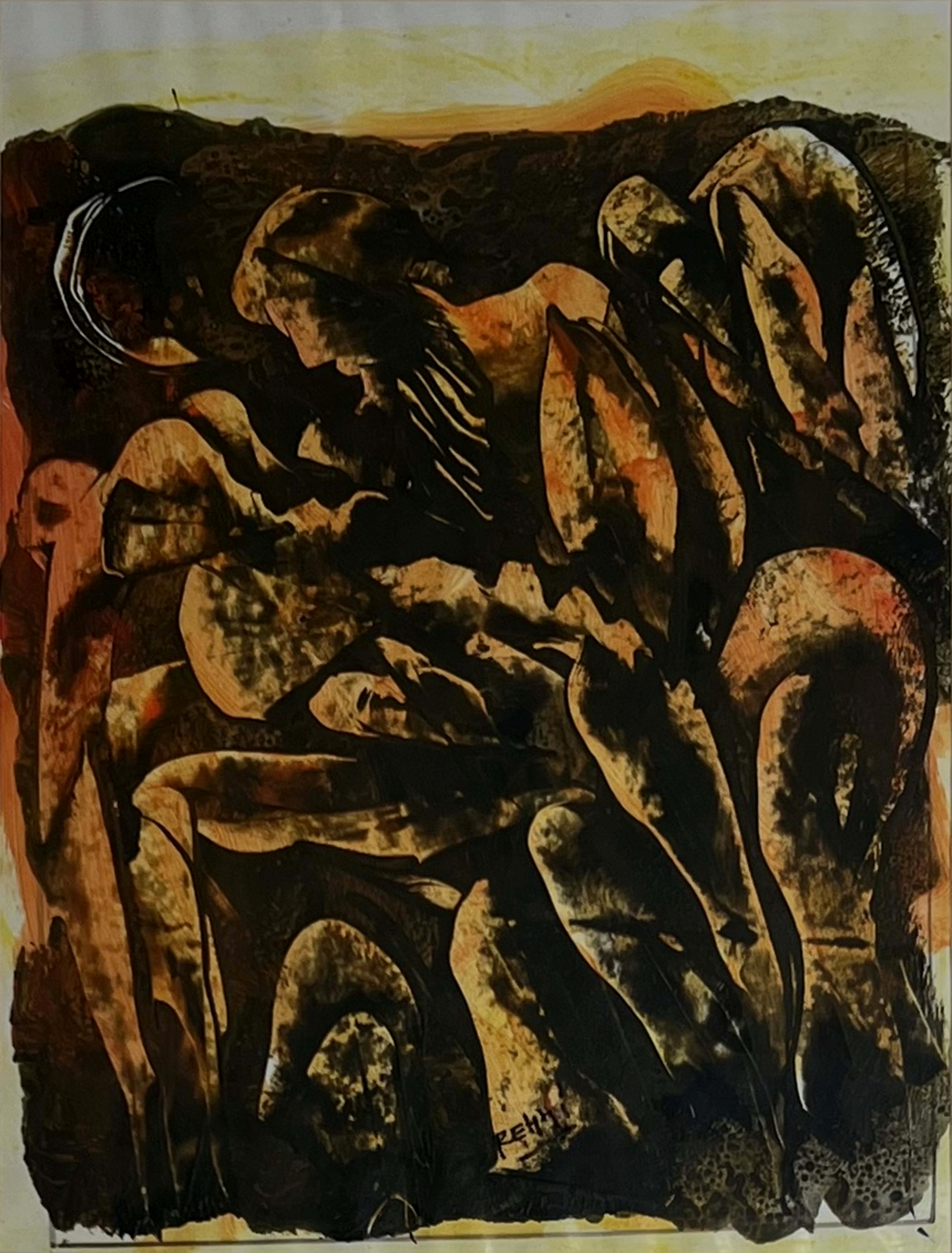 Tableau figuratif marocain - figures autour d'un marché