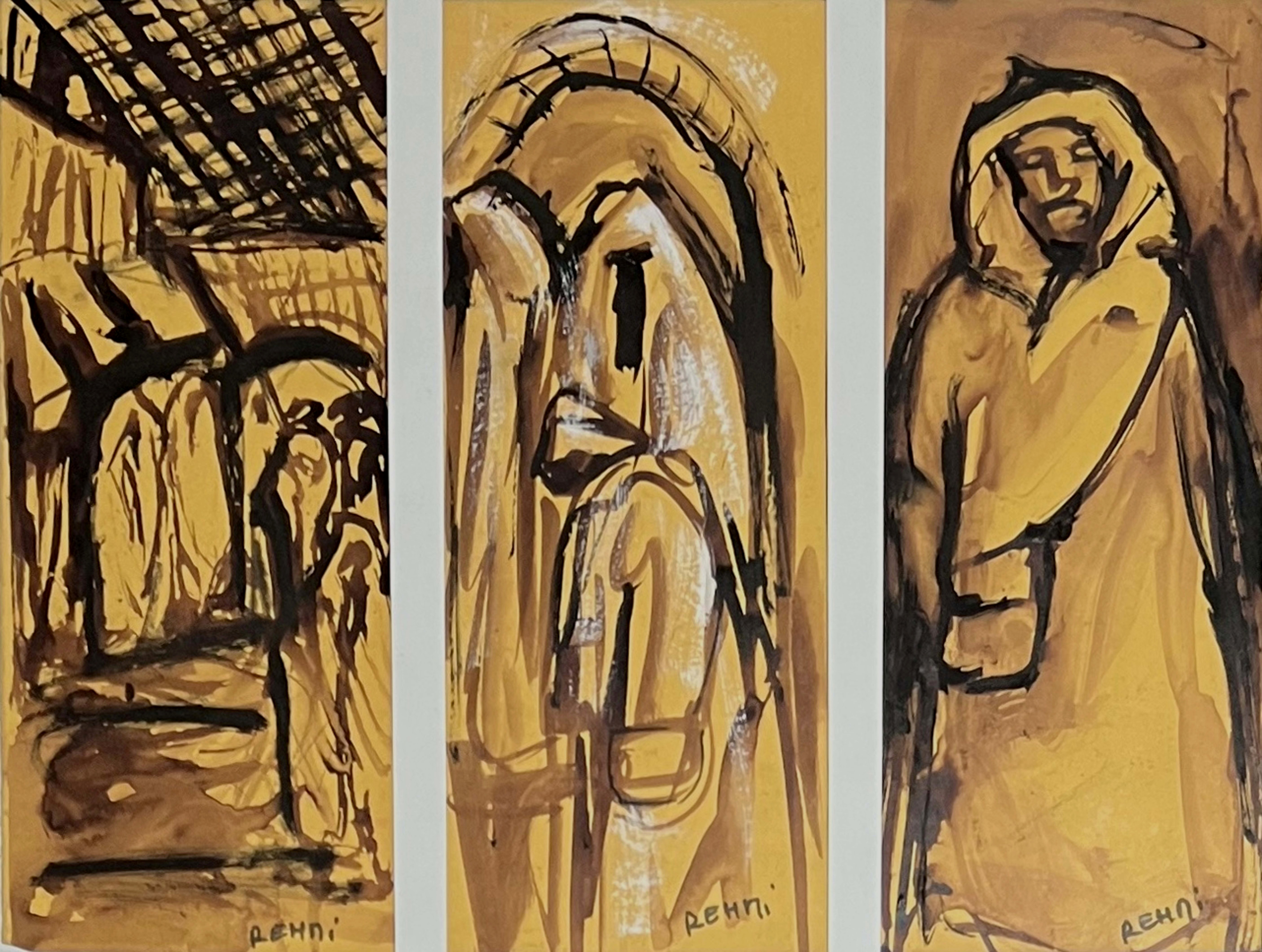 Tableau figuratif marocain - portraits triptyque au lavis