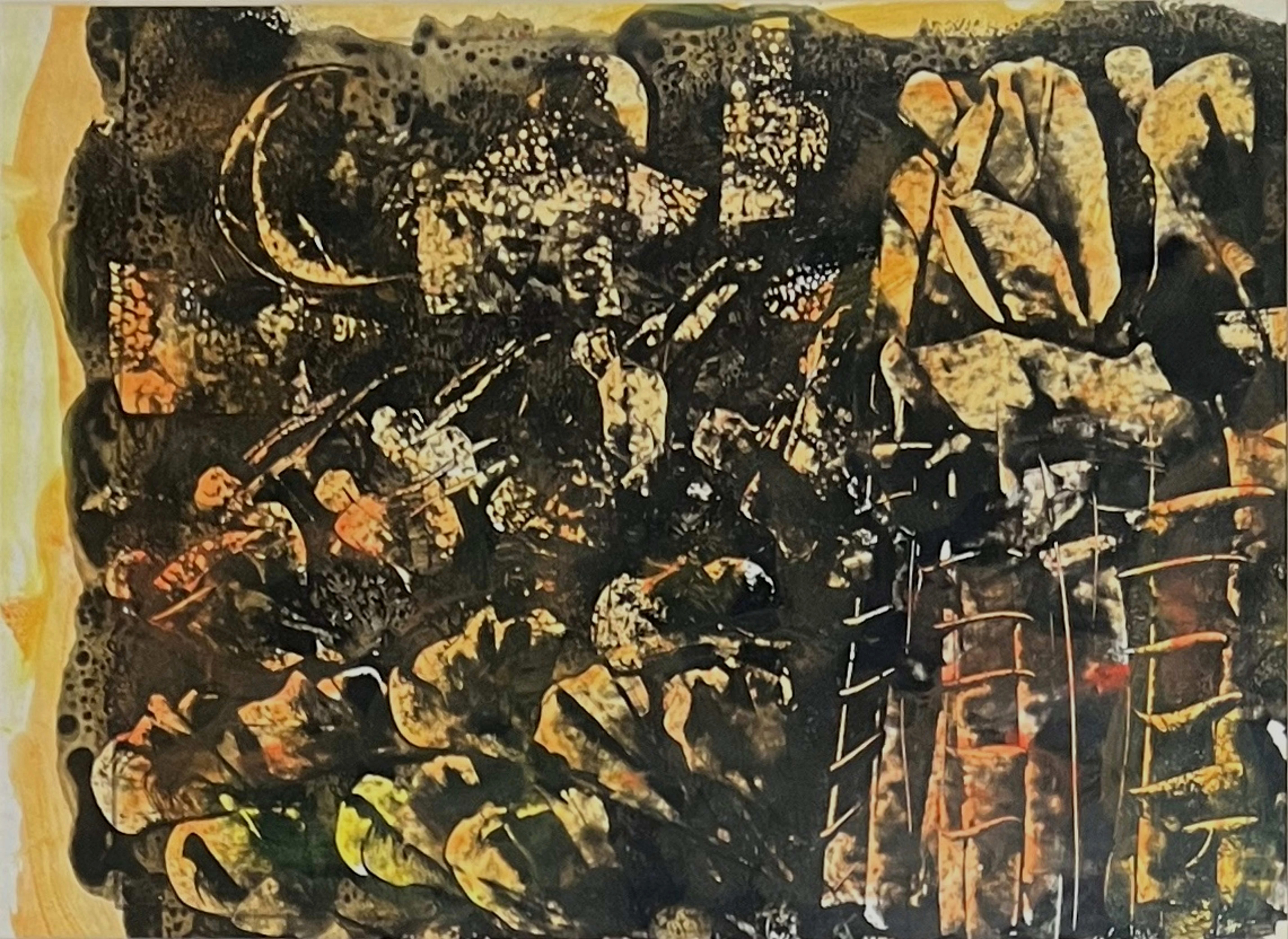 Tableau figuratif marocain - scène de marché compacte