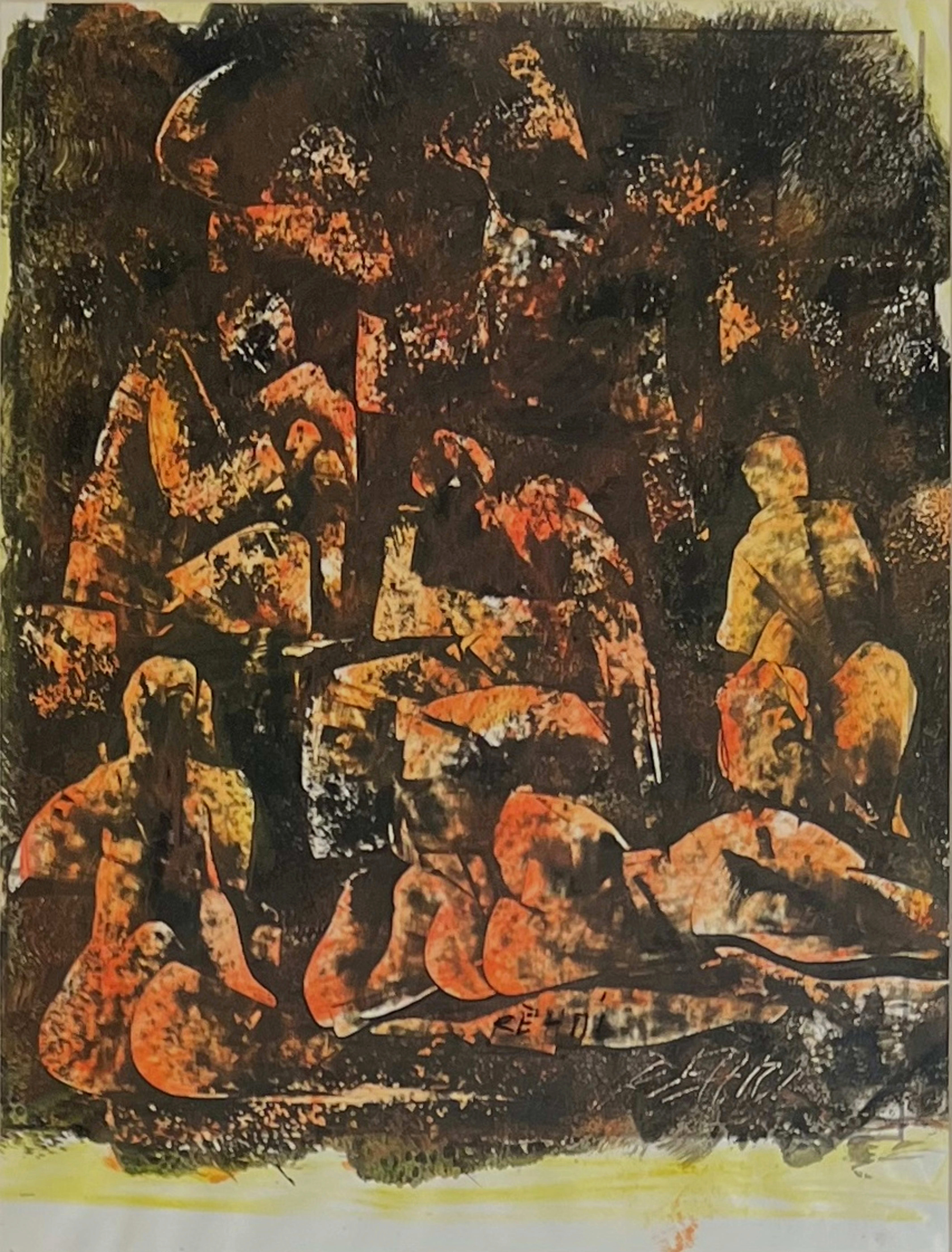 Tableau figuratif marocain - figures autour d'une table