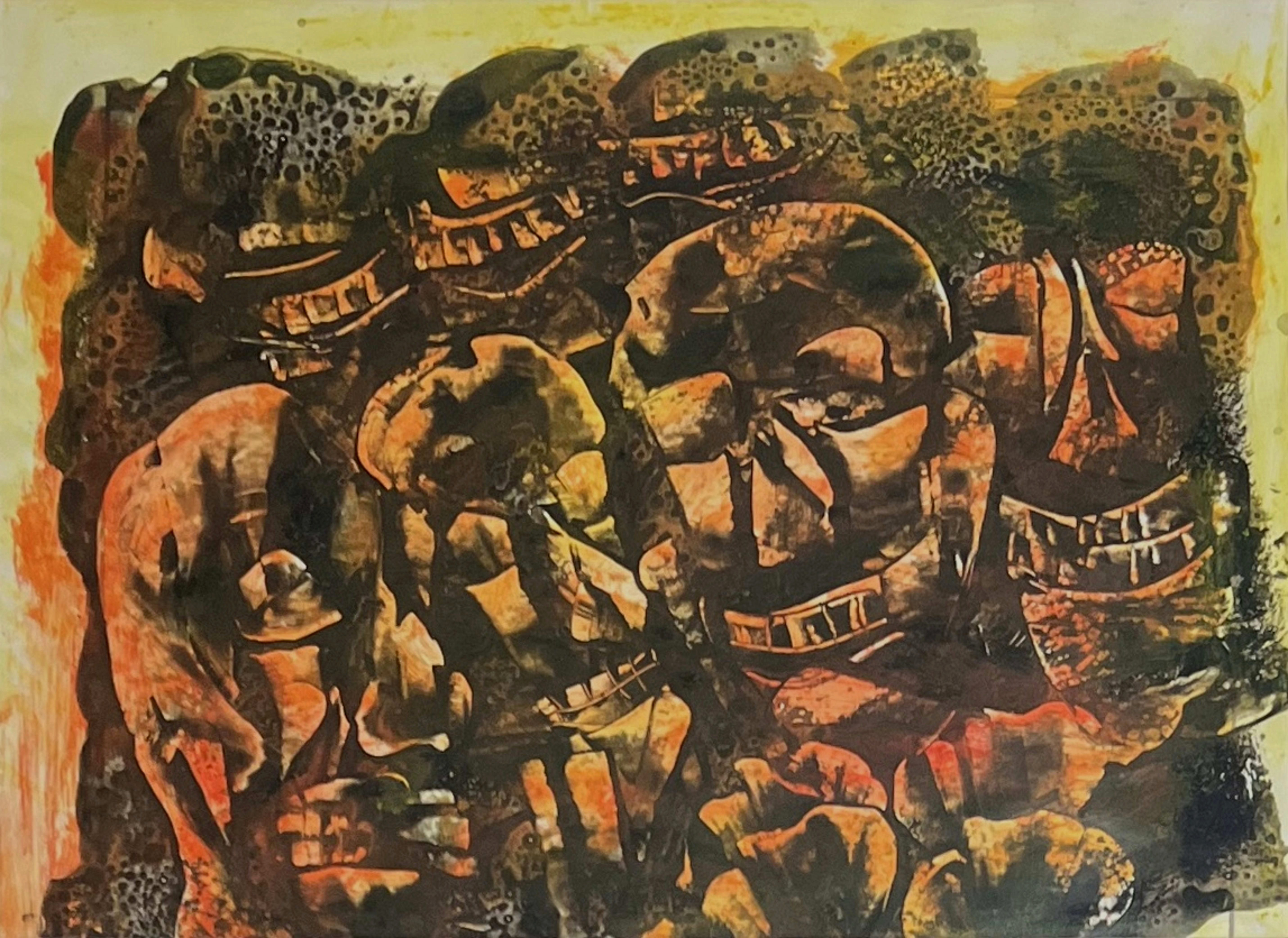 Tableau figuratif marocain - scène agricole et troupeau