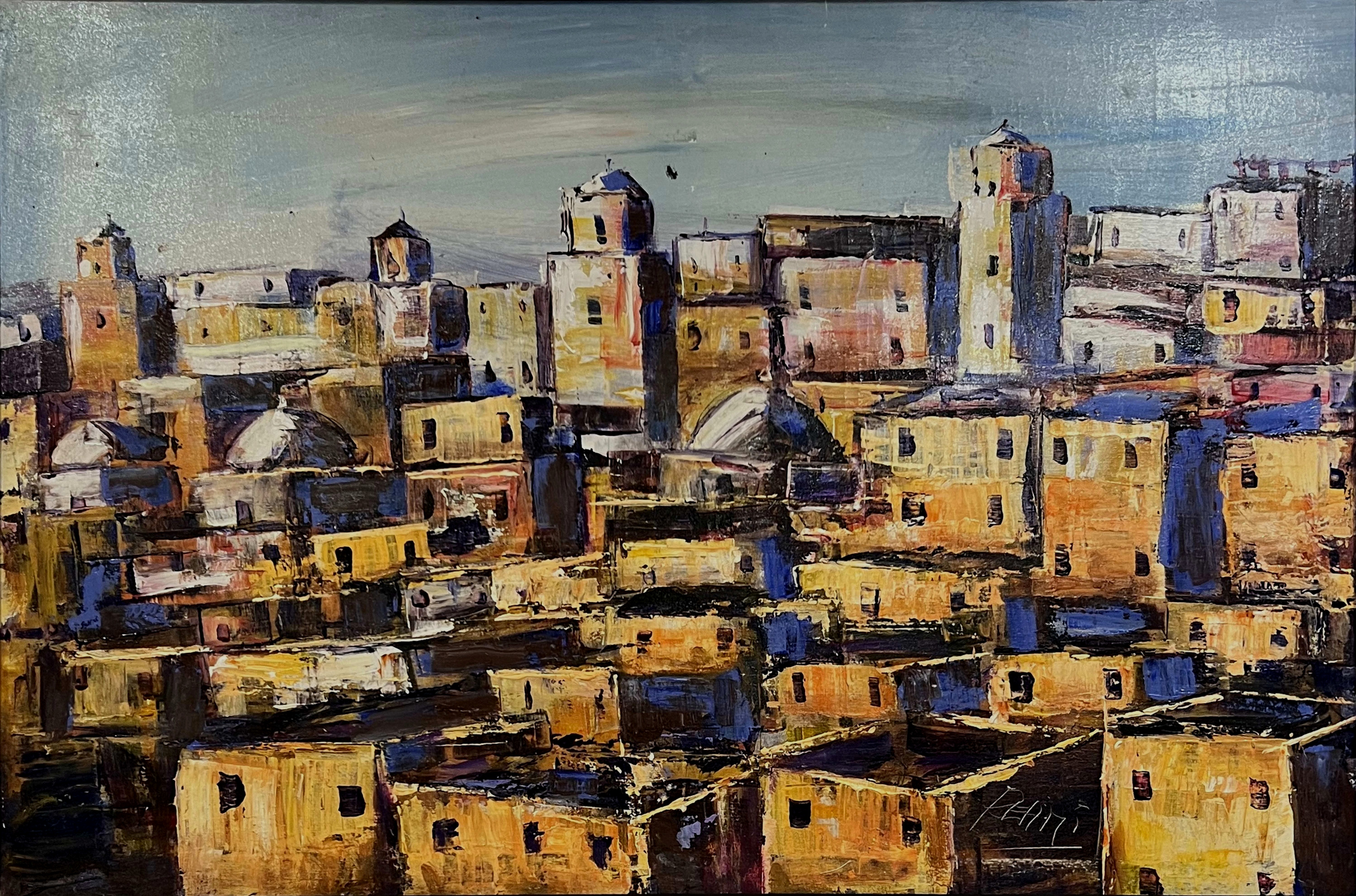 Tableau impressionniste marocain - kasbah ocre au soleil
