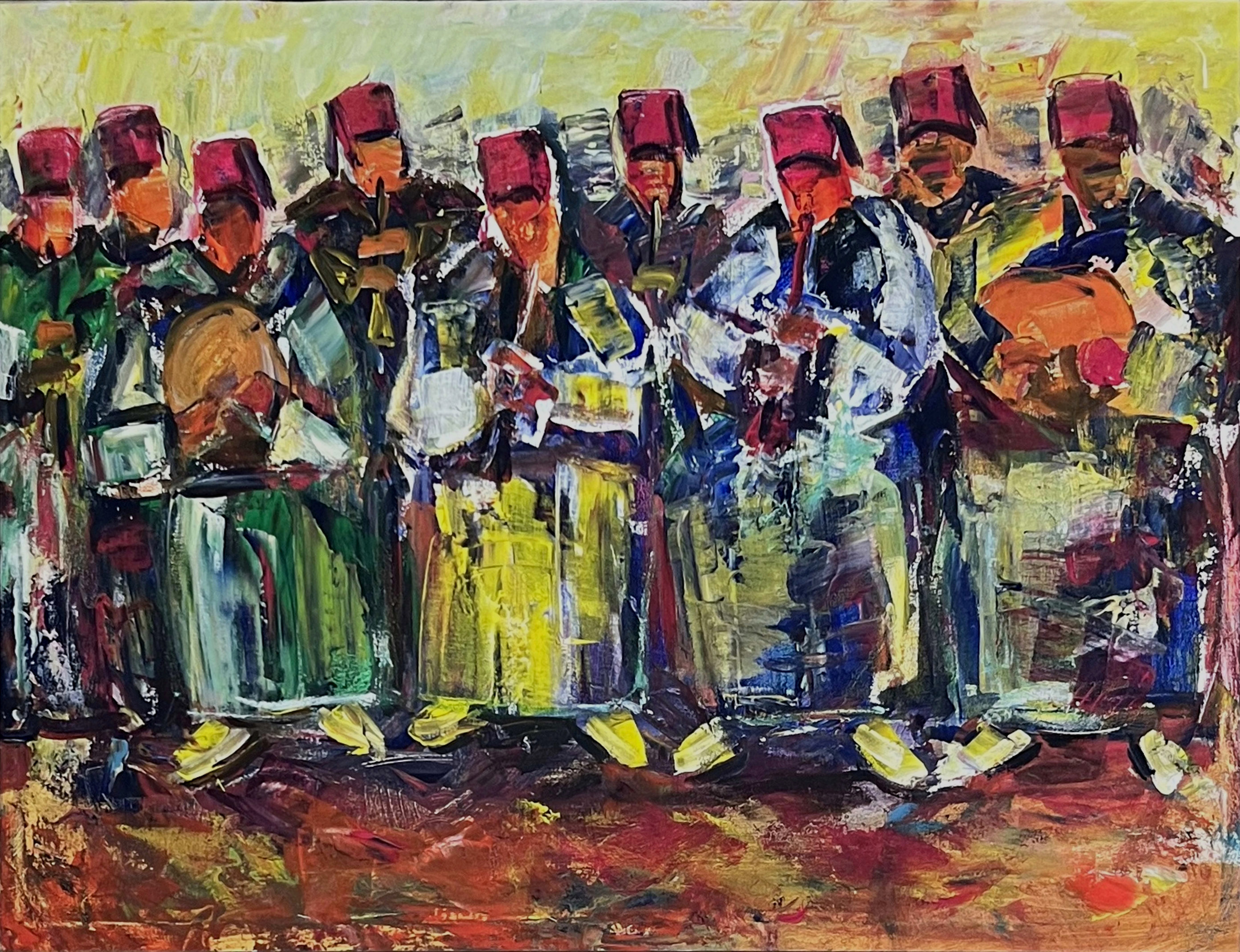 Tableau figuratif marocain - musiciens gnaoua colorés
