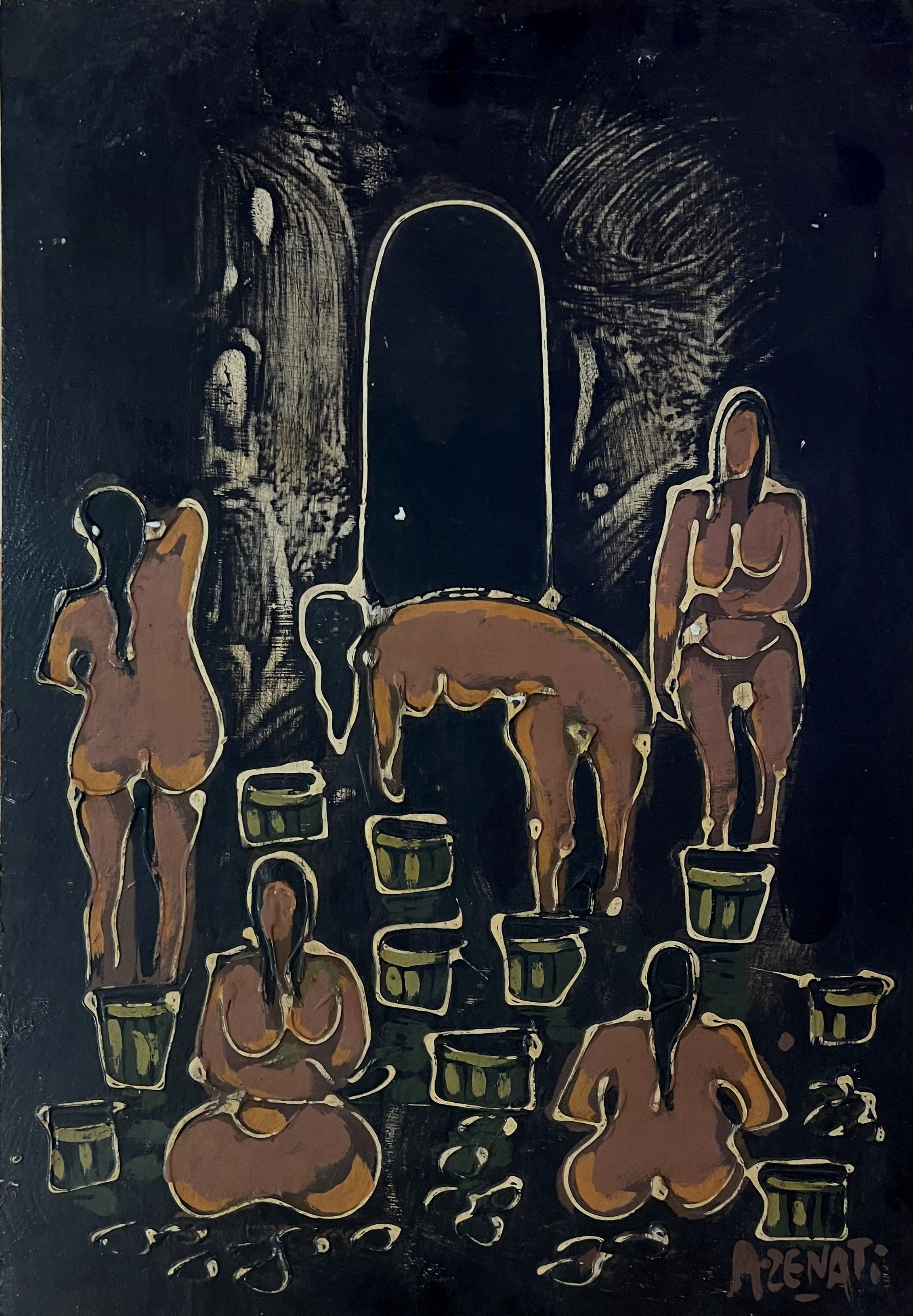 Tableau expressionniste marocain - baigneuses au hammam sombre